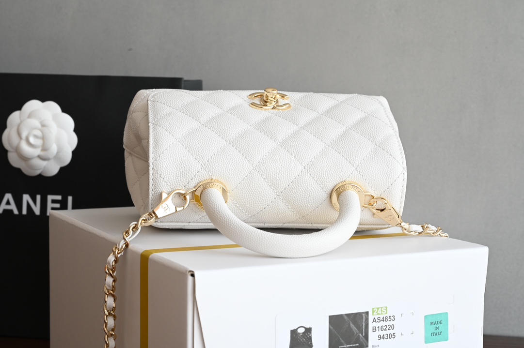 MiniNano Coco Handle Bag in White Quilted Grained Calfskin (Caviar) with Light Gold-Tone Hardware - Mocuir