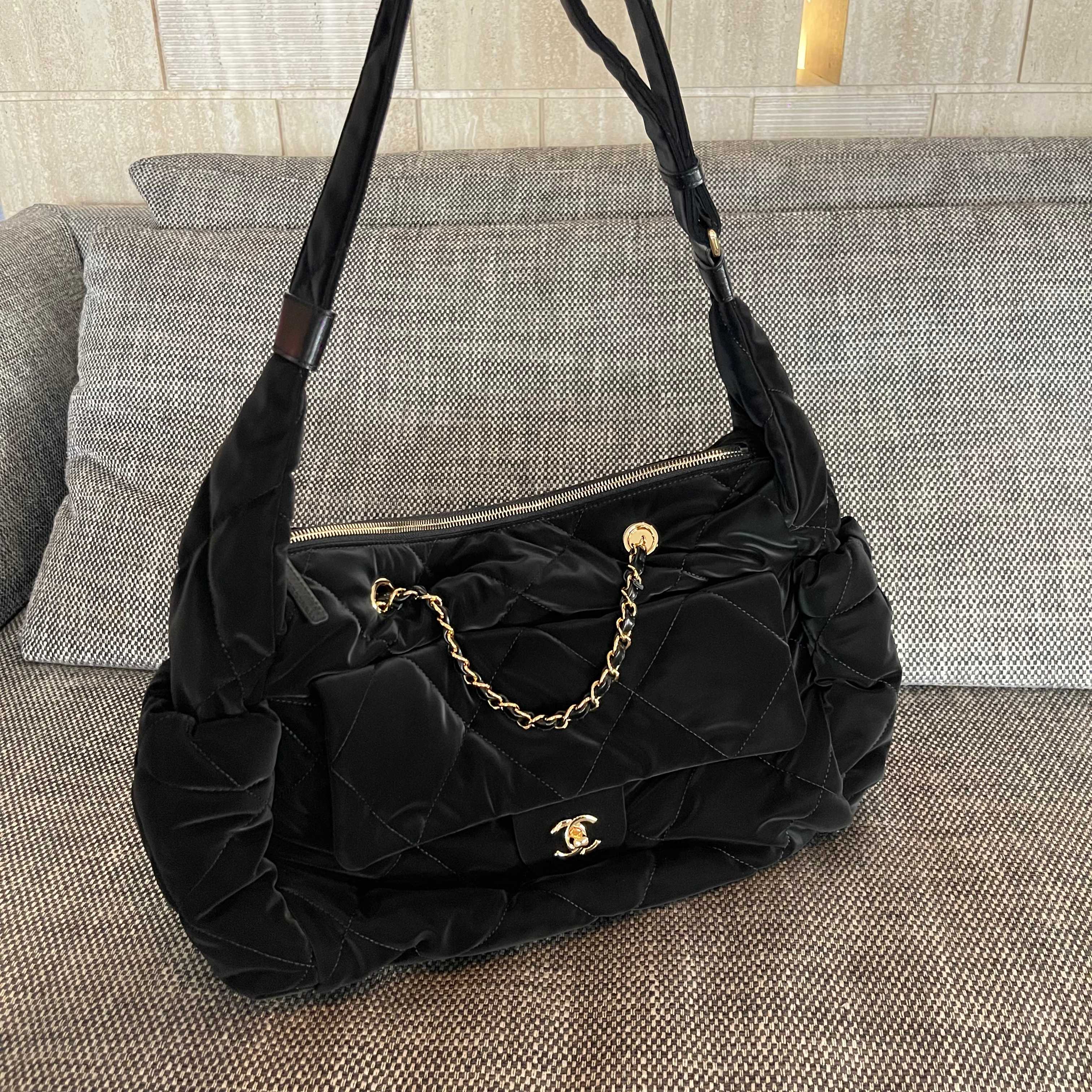 24N Coco Neige Large Hobo Bag in Black Satin Nylon (Gold Hardware) - Mocuir