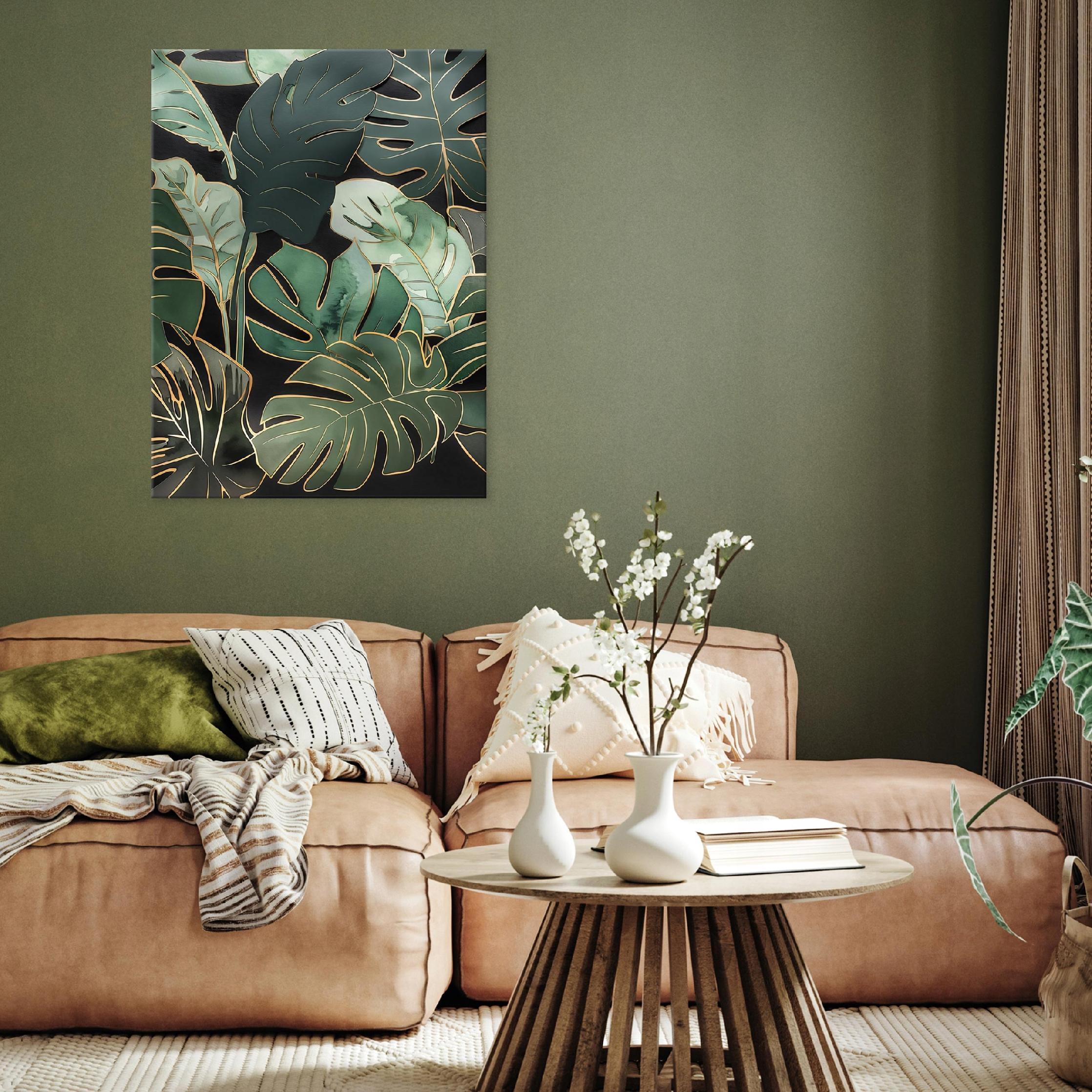 Green monstera leaves canvas wall art for bedroom or living room, 40x30
