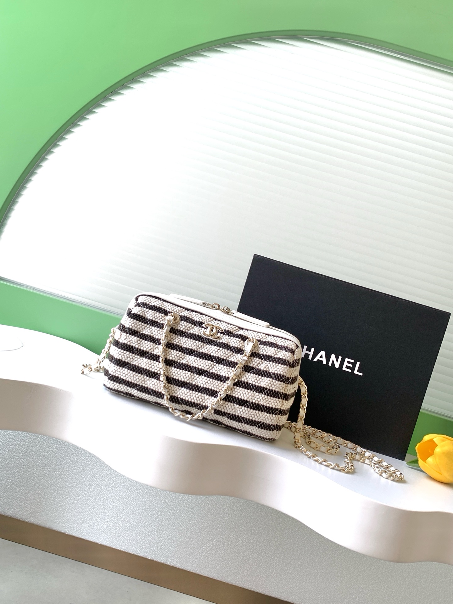 Deauville Striped Quilted Box Bag Vanity Case in Black with Light Gold-Tone Hardware - Mocuir