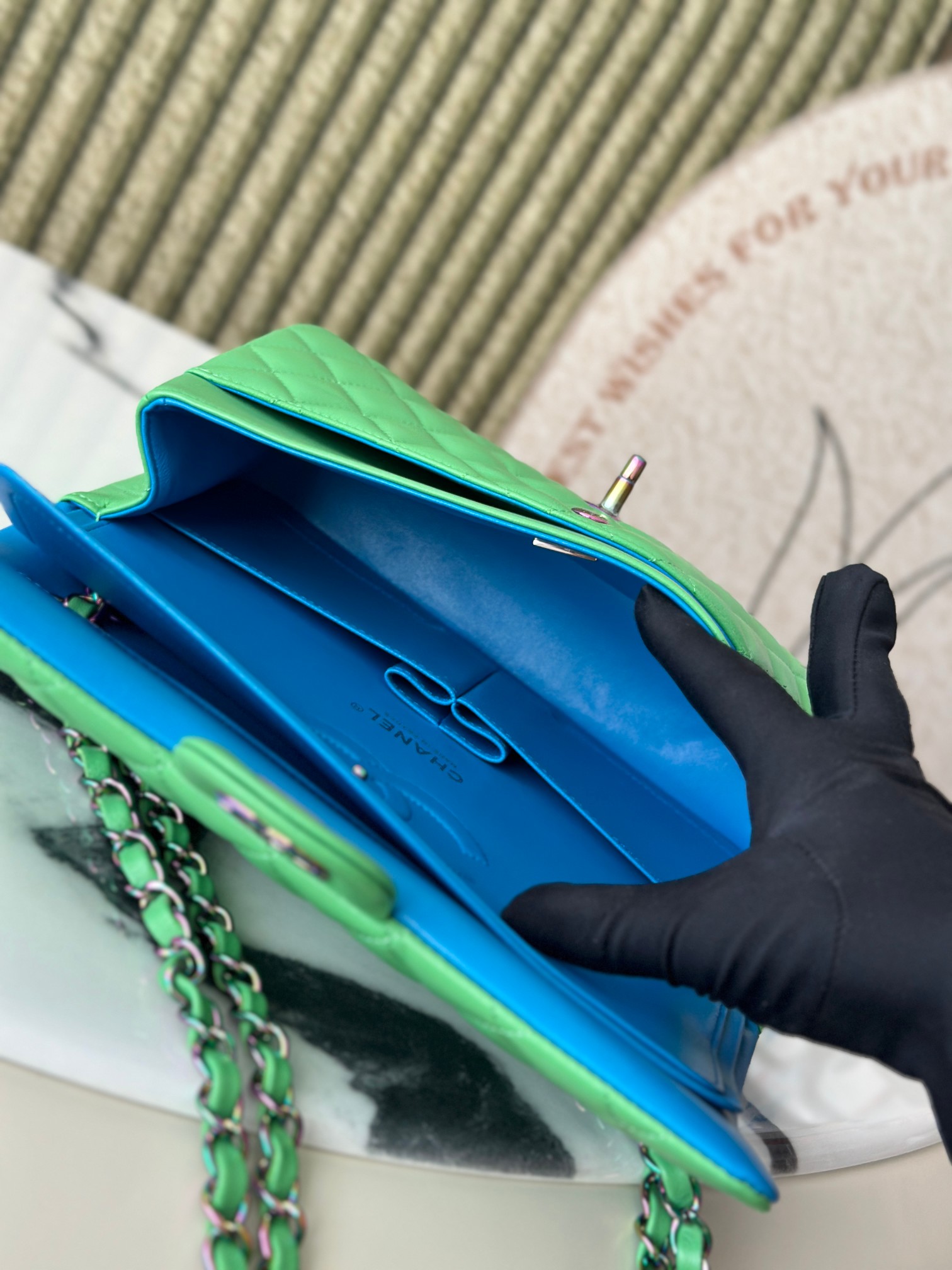 Classic Flap Medium Bag in Avocado Green Lambskin with Iridescent Rainbow Hardware (Model A01112) - Mocuir