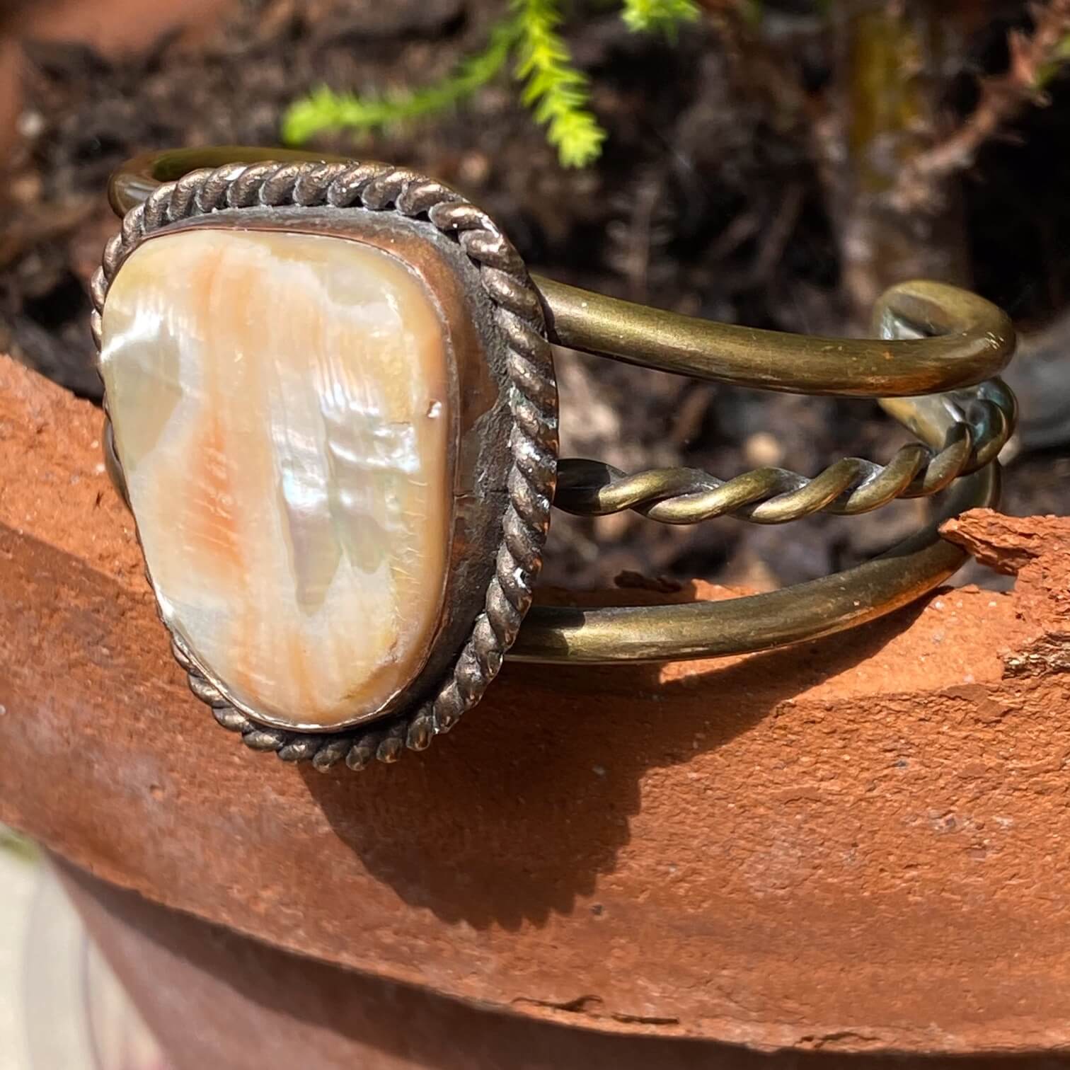 Vintage Navajo Brass Copper Cuff Bracelet Mother of Pearl