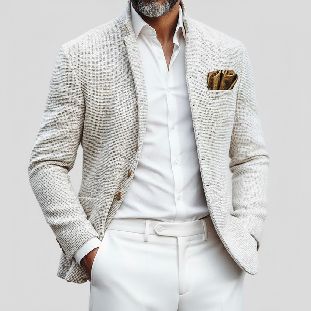 Men's Casual White Textured Lapel Collar Long Sleeve Button Pocket Jackets