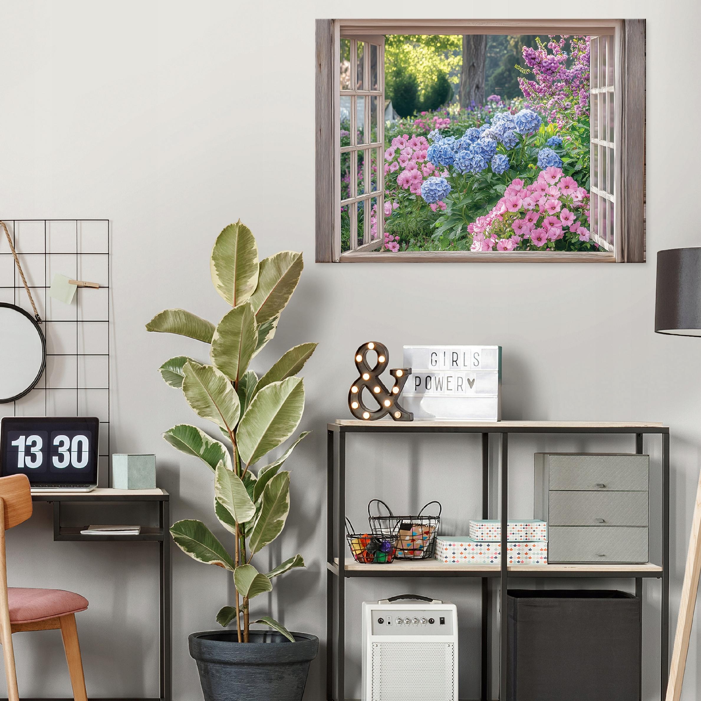 Canvas painting of a wall, window, and garden flowers for the bedroom, living room, or kitchen (40x30)