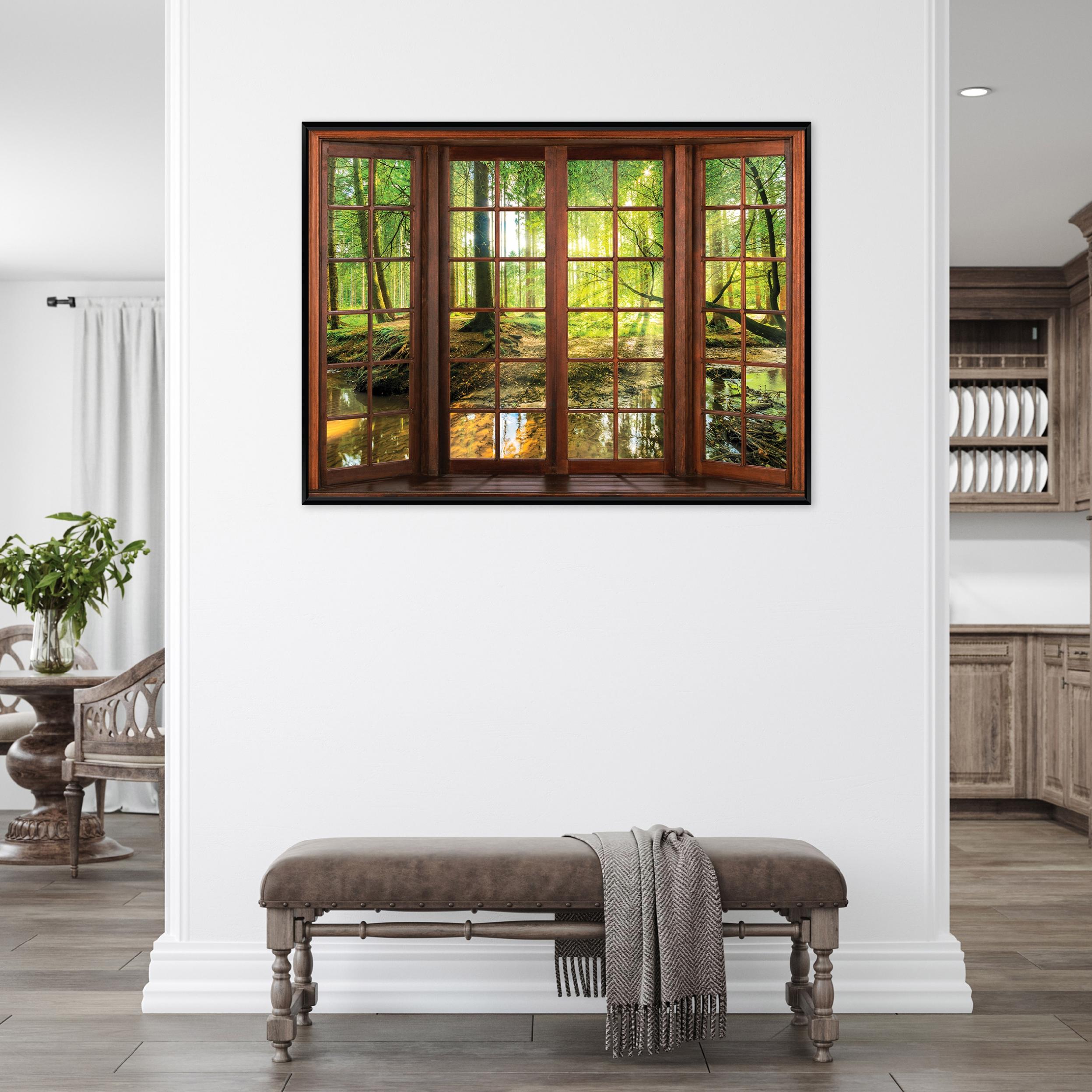 Black framed canvas painting, 3D window, forest, nature, living room, bedroom, 40x30