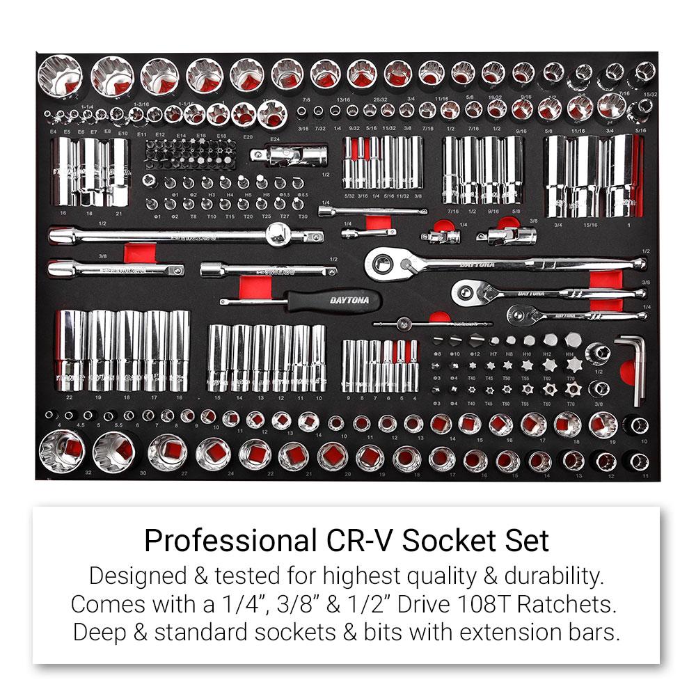 Daytona 655 Piece  Mechanical Tool Set with 43 12 Drawer Red Roller Cabinet