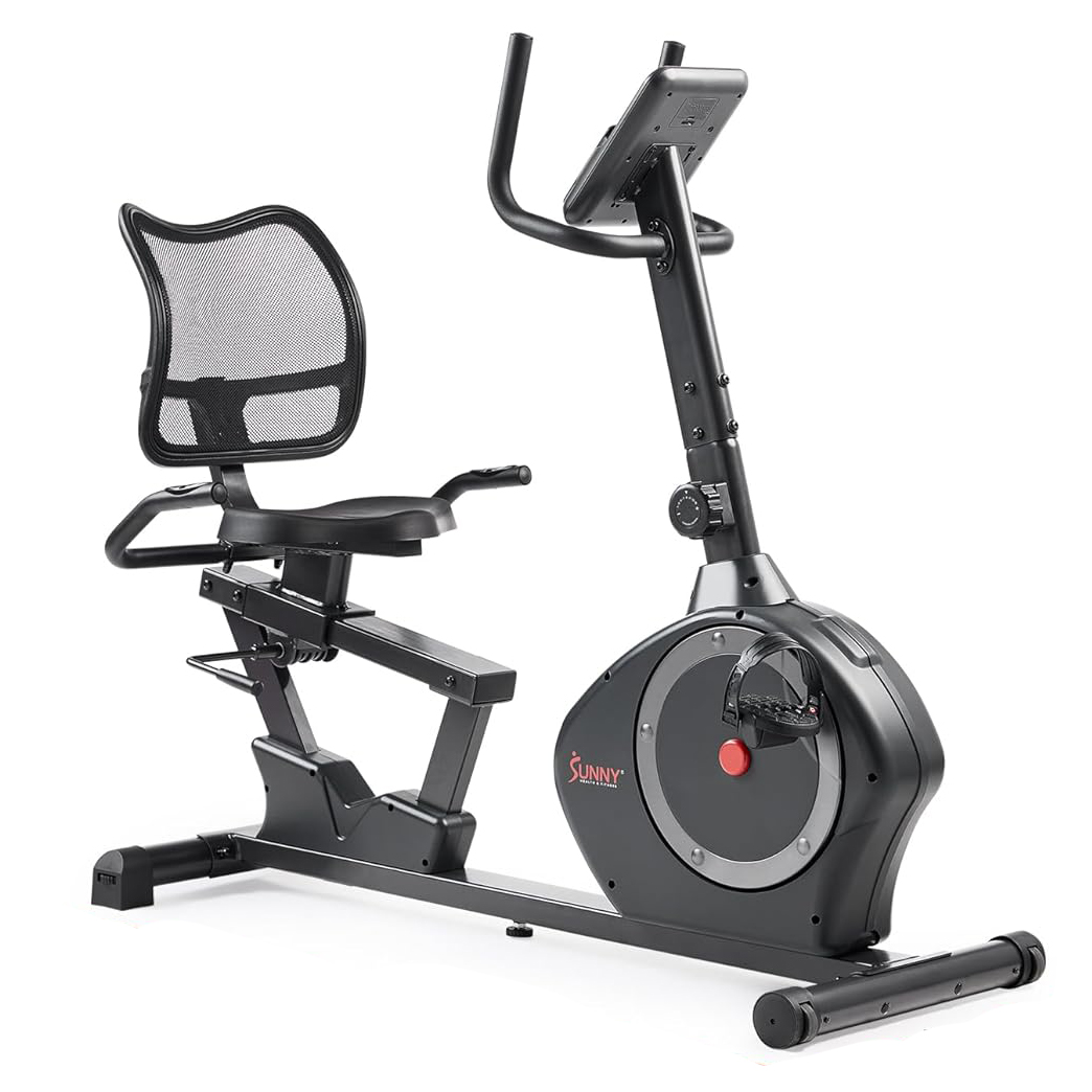 Sunny Health & Fitness Smart Heavy-Duty Recumbent Bike w/Wide Cushioned Seat & Back, Indoor Cycling Machine for Adult/Seniors Home Exercise, Free SunnyFit App Connect, Optional Workout Training Bands