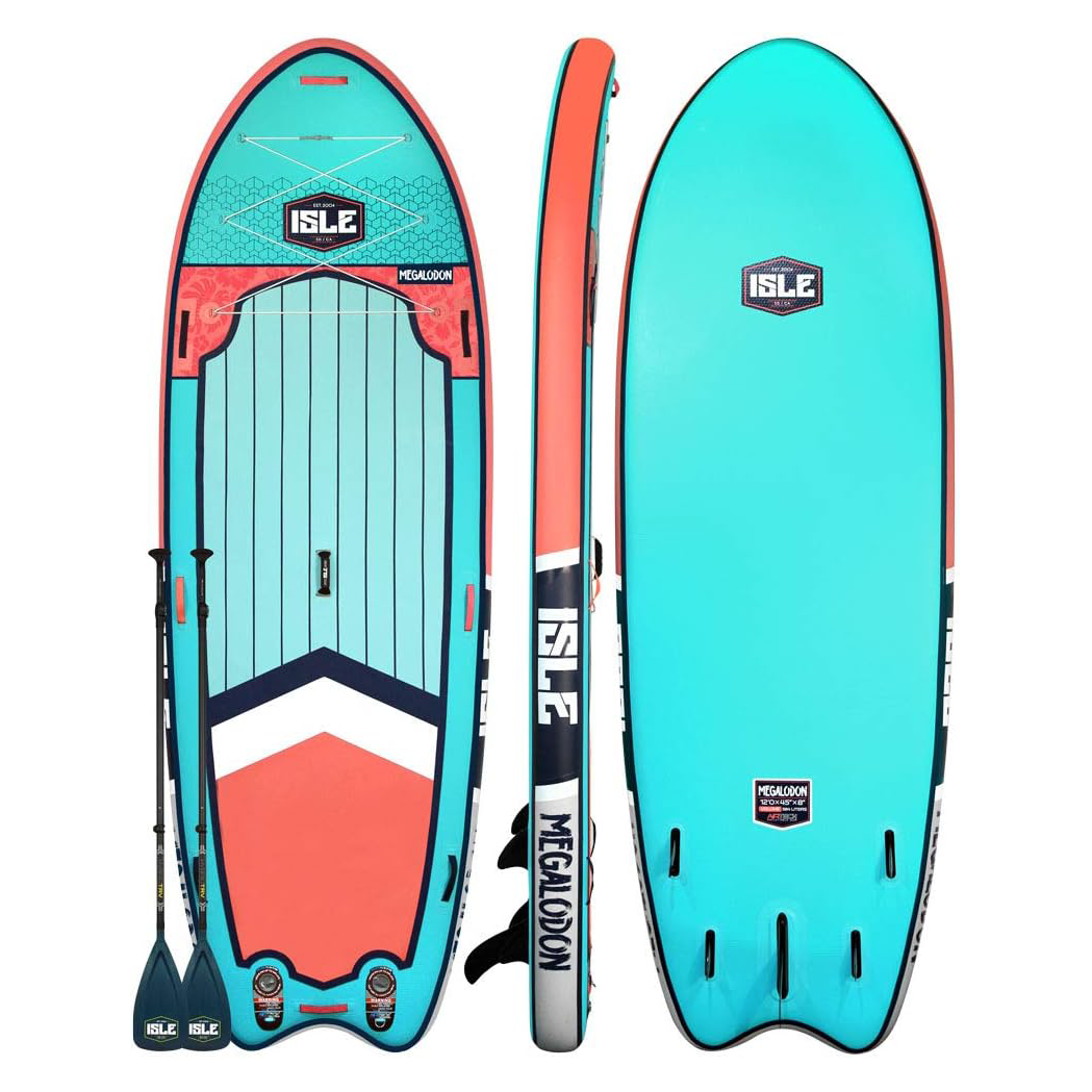 ISLE Surf & SUP Megalodon | 12' Inflatable Stand Up Paddle Board | 8” Thick iSUP and Bundle Accessory Pack | Durable and Lightweight | Stable Wide Stance | Up to 1,050 lbs Capacity (Aqua, 12')