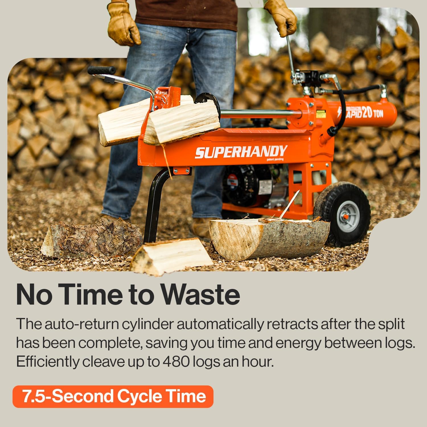 SuperHandy Log Splitter Portable 20 Ton Rapid Auto Return Ram System Bucher Gear Pump 7HP Engine Horizontal Full Beam Steel Wedge Firewood Splitting Forestry Harvesting