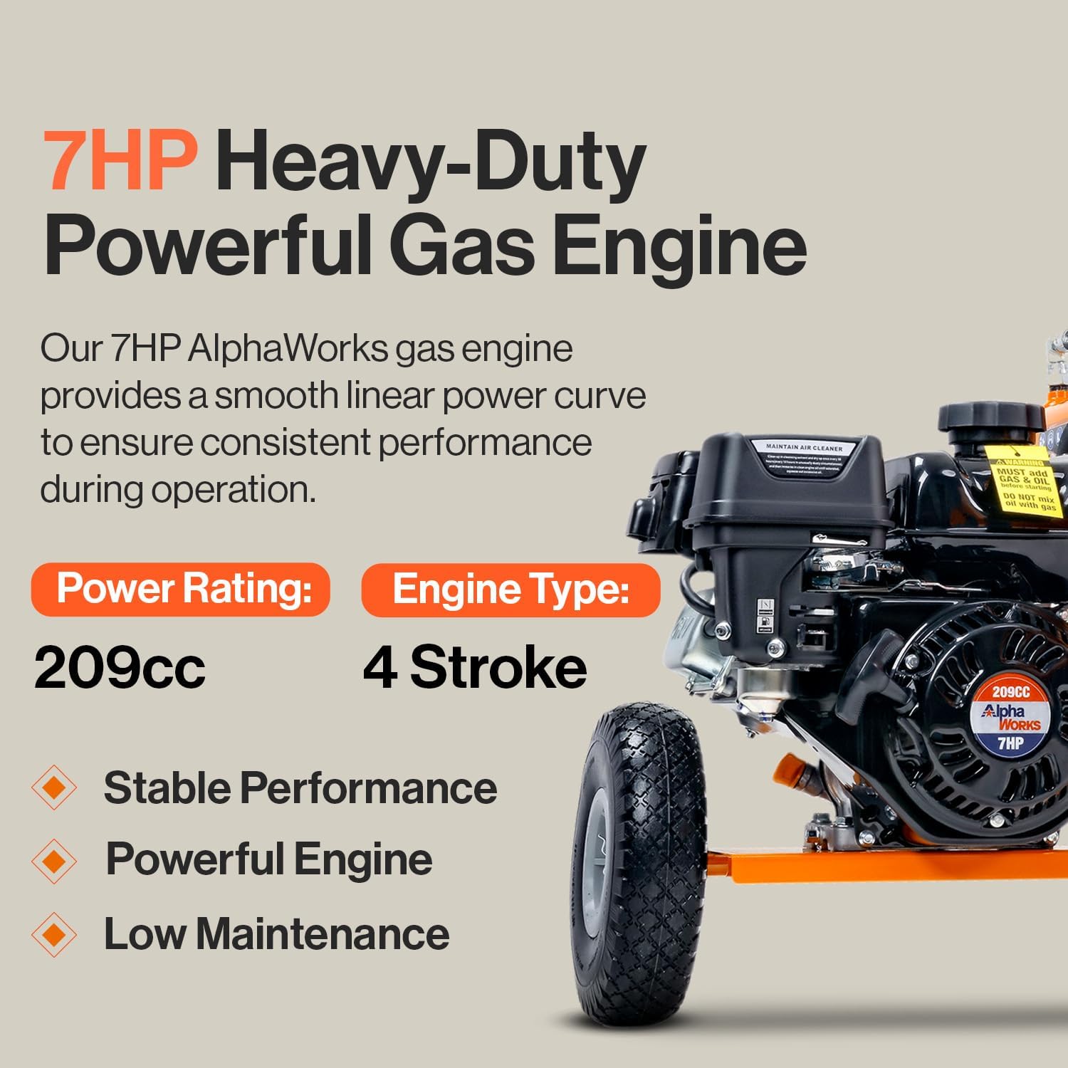 SuperHandy Log Splitter Portable 20 Ton Rapid Auto Return Ram System Bucher Gear Pump 7HP Engine Horizontal Full Beam Steel Wedge Firewood Splitting Forestry Harvesting