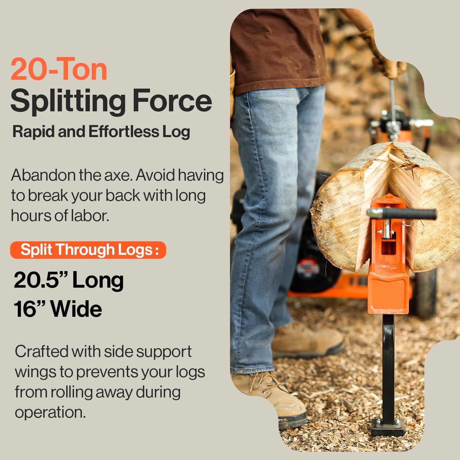 SuperHandy Log Splitter Portable 20 Ton Rapid Auto Return Ram System Bucher Gear Pump 7HP Engine Horizontal Full Beam Steel Wedge Firewood Splitting Forestry Harvesting