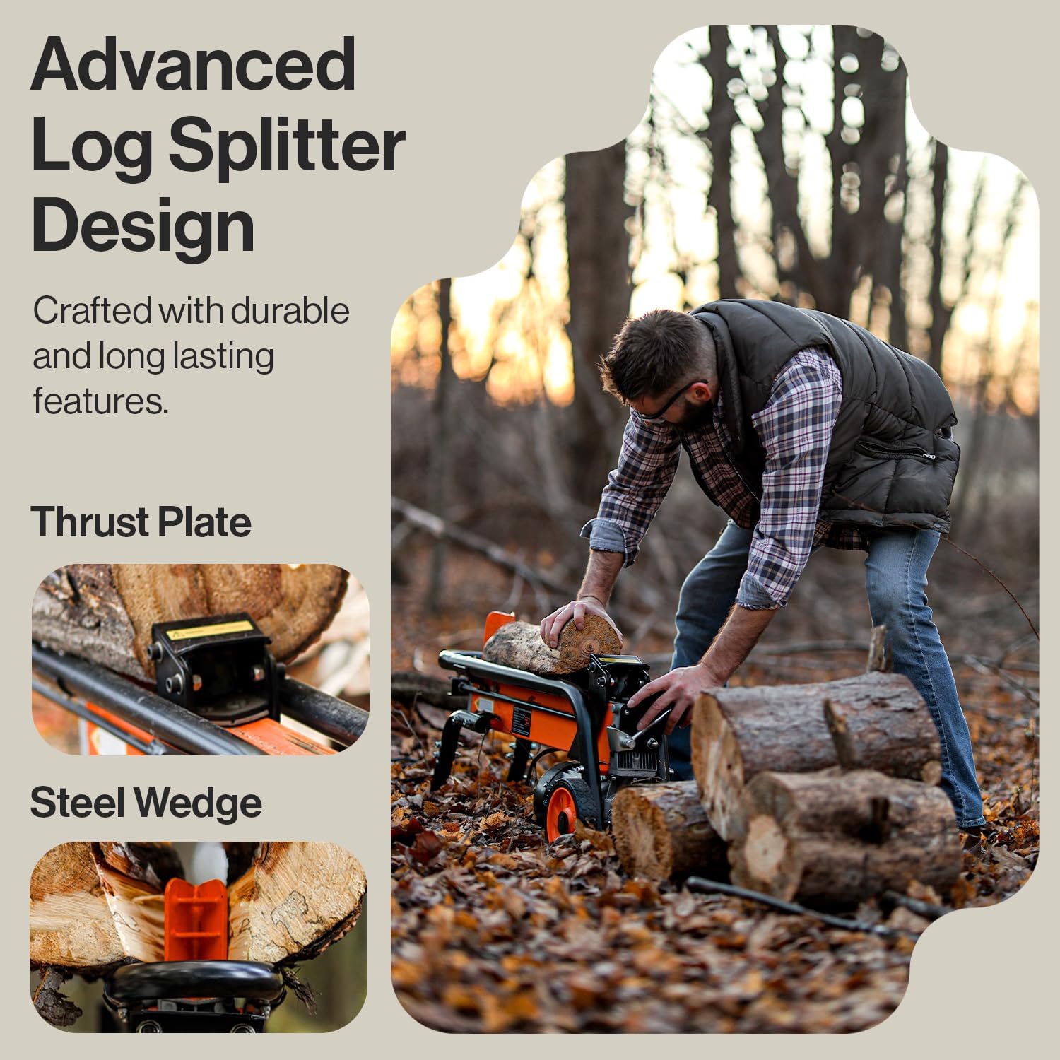 SuperHandy Log Splitter Portable 20 Ton Rapid Auto Return Ram System Bucher Gear Pump 7HP Engine Horizontal Full Beam Steel Wedge Firewood Splitting Forestry Harvesting
