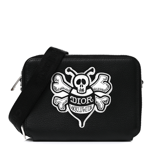 CHRISTIAN DIOR X SHAWN STUSSY Grained Calfskin Double Zip Crossbody Pouch Black
