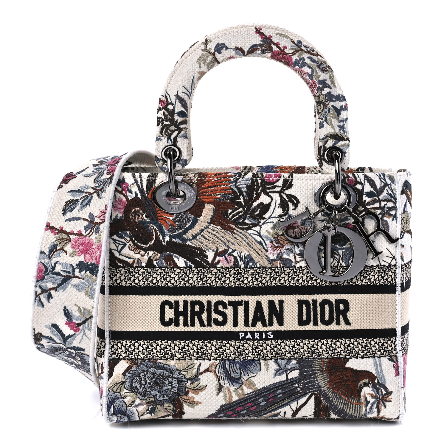 CHRISTIAN DIOR Canvas Embroidered Jardin D-Hive Medium Lady D-Lite Ecru Multicolor