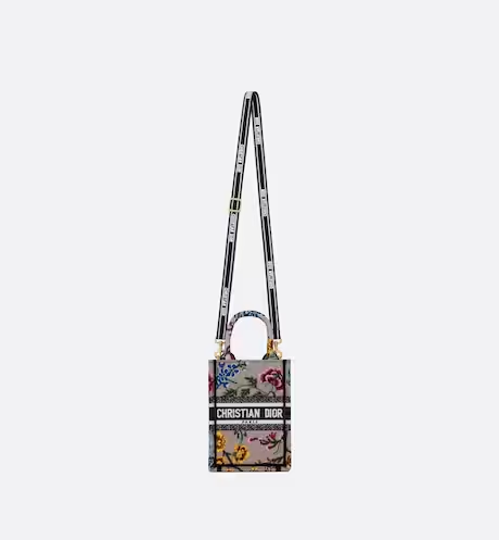 MINI DIOR BOOK TOTE PHONE BAG Pink Multicolor Dior Petites Fleurs Embroidery (13 x 18 x 5 cm)