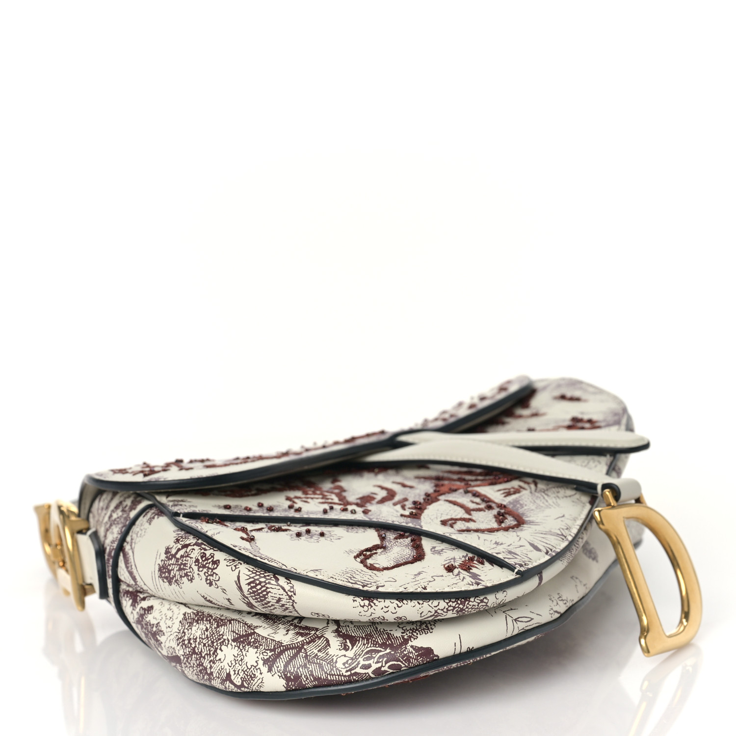 CHRISTIAN DIOR Calfskin Embroidered Toile de Jouy Saddle Bag Burgundy