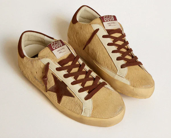 Super-Star Women in beige pony with a star and brown suede heel tab