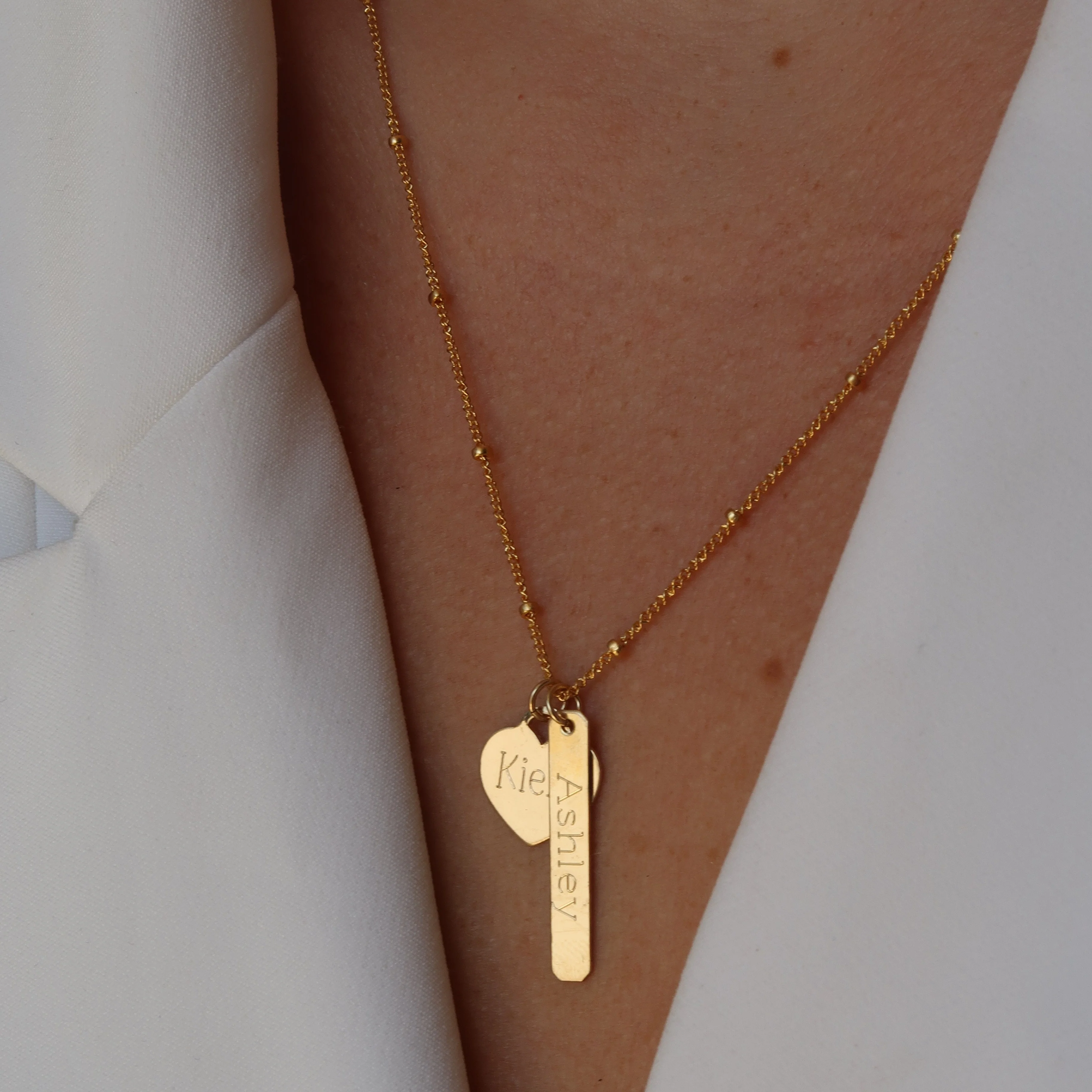 Gold Engraved Heart and Bar Necklace