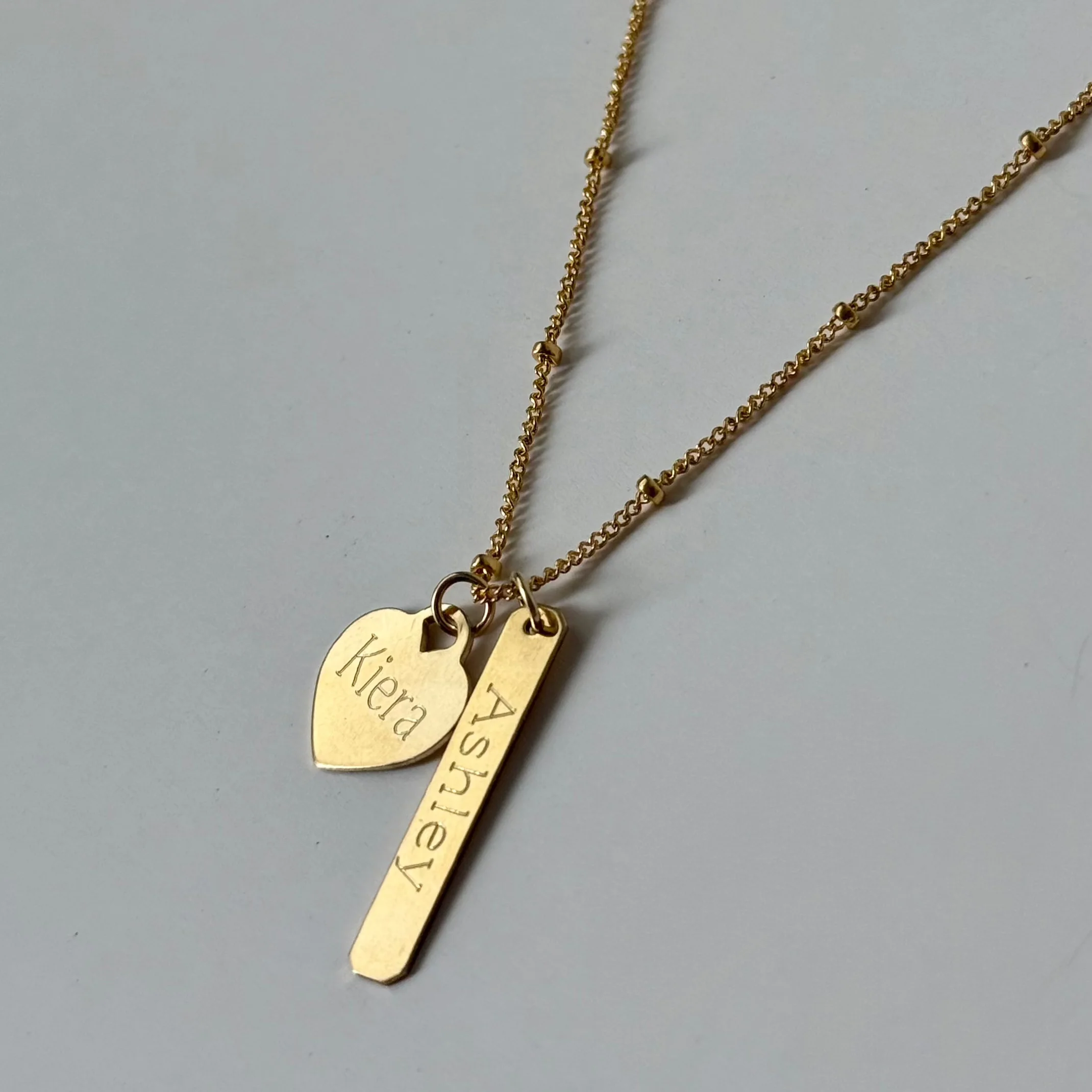 Gold Engraved Heart and Bar Necklace