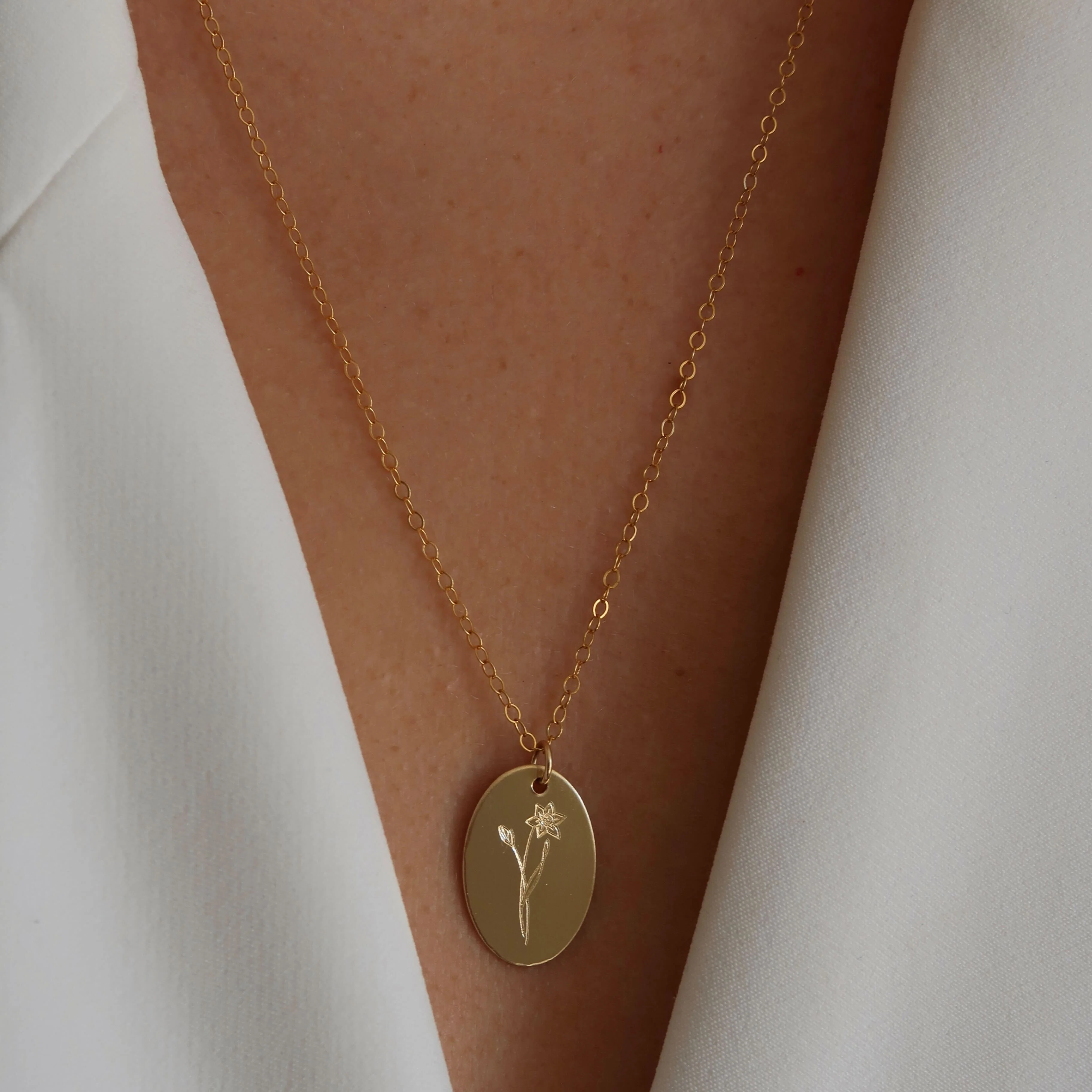 Gold Engraved Birth Flower Necklace