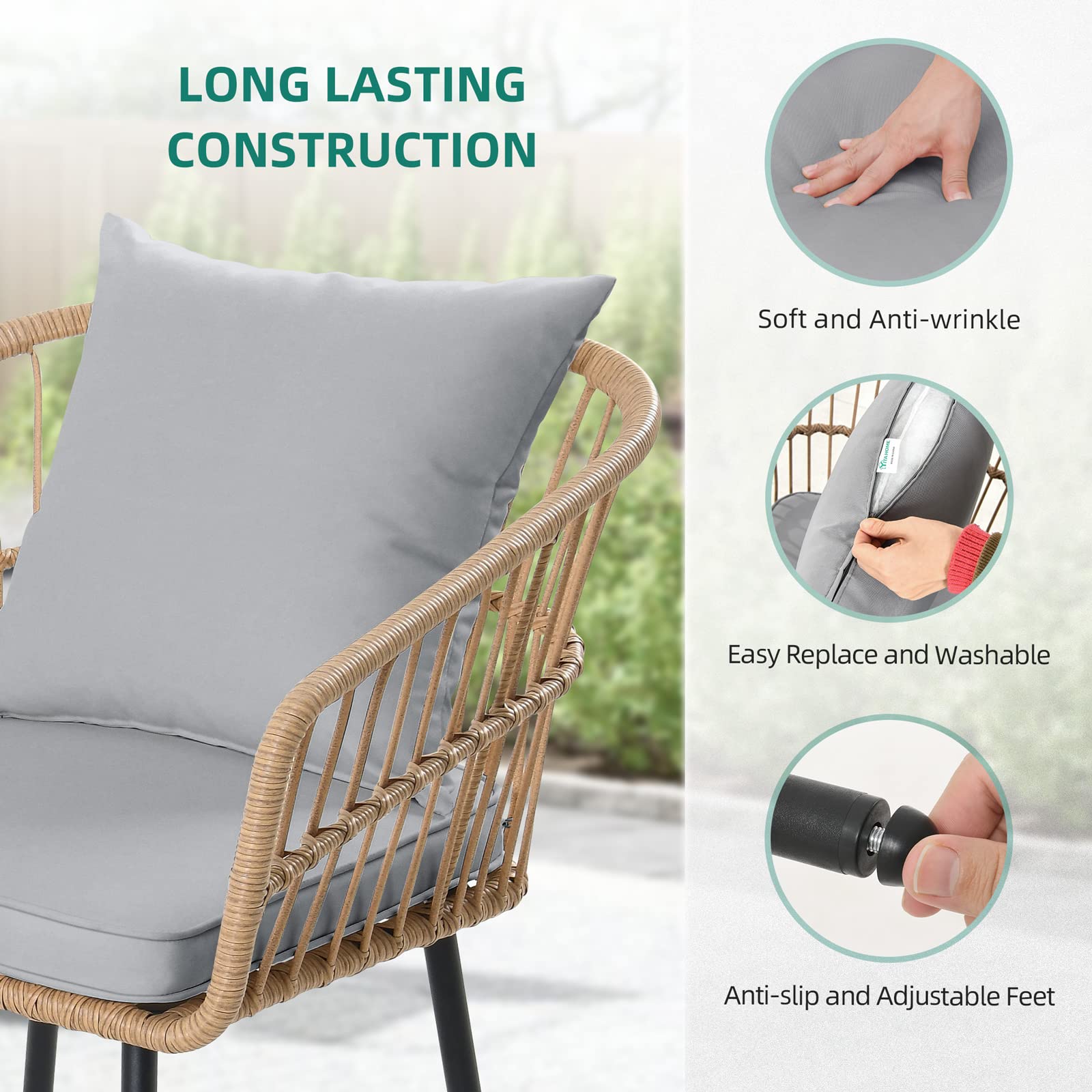 【Furniture】4 Pieces Patio Furniture Set, Wicker Balcony Bistro Set, Outdoor All-Weather Rattan Conversation Set