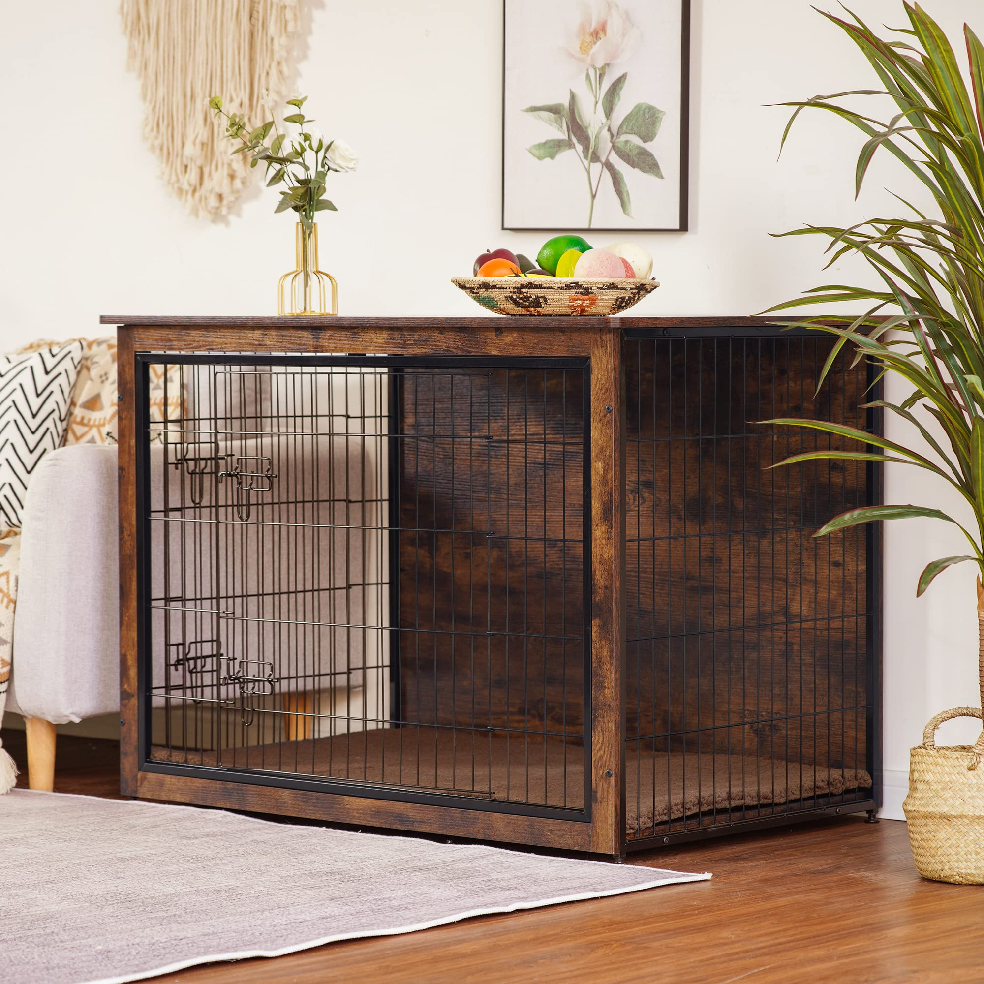【Home&Garden】Dog Crate Furniture with Cushion, XL Wooden Dog Crate with Double Doors, Dog Furniture