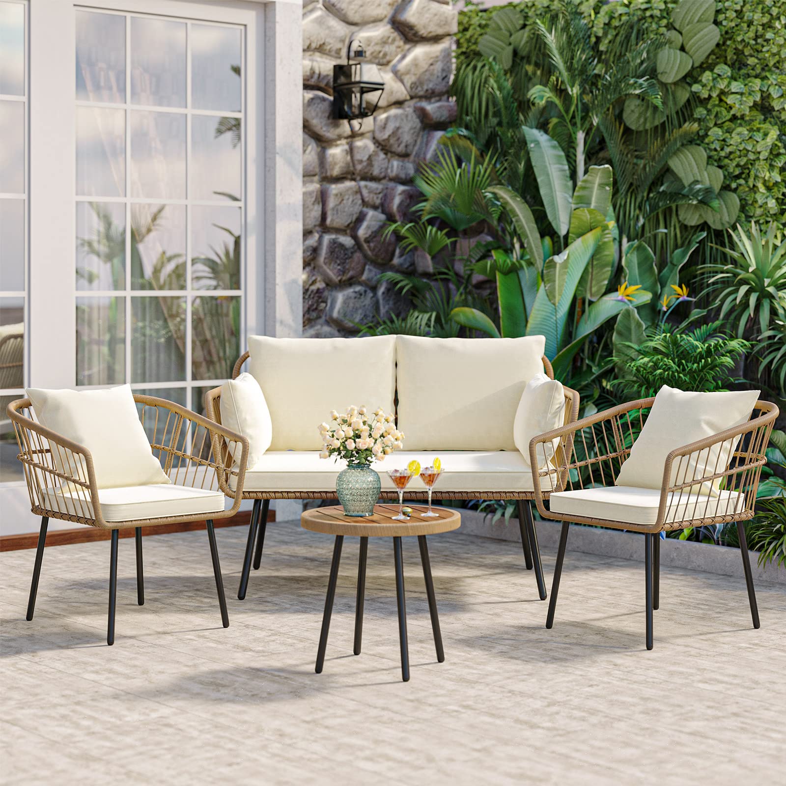 【Furniture】4 Pieces Patio Furniture Set, Wicker Balcony Bistro Set, Outdoor All-Weather Rattan Conversation Set