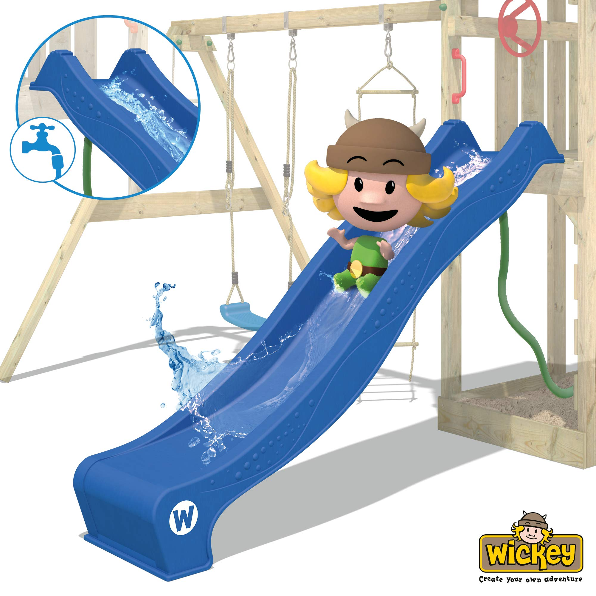 【Sports&Outdoors】Wooden climbing frame TurboFlyer with swing set and blue slide, Garden playhouse