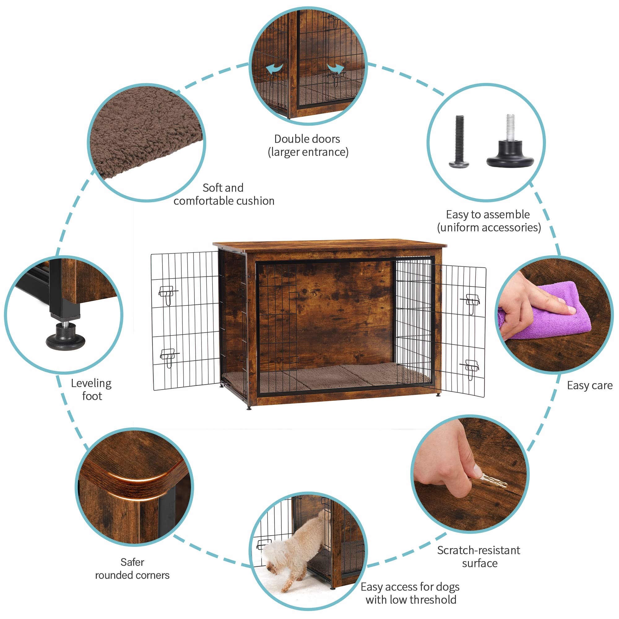 【Home&Garden】Dog Crate Furniture with Cushion, XL Wooden Dog Crate with Double Doors, Dog Furniture