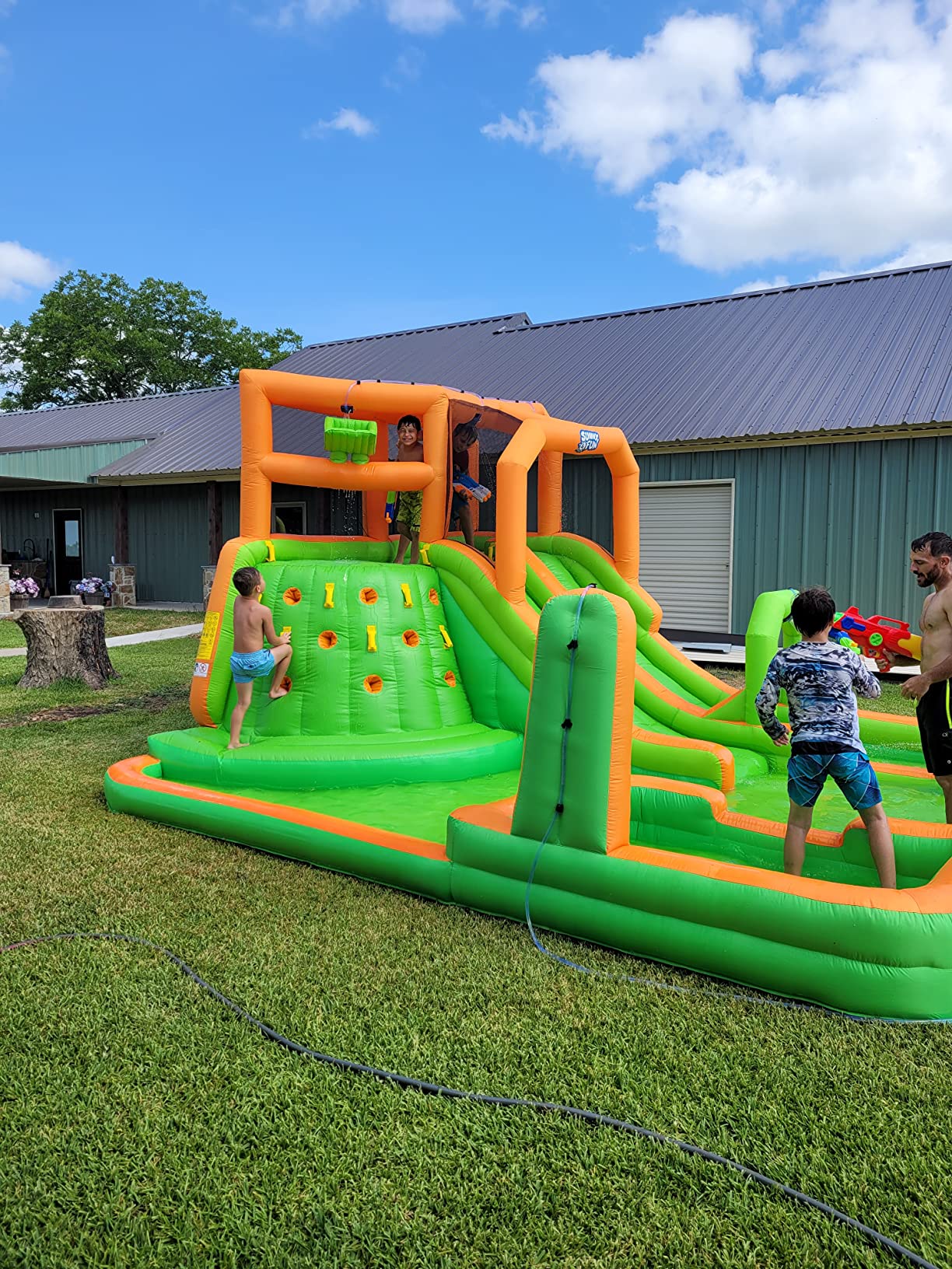 【Sports&Outdoors】【BS】Inflatable Water Slide Park - Climbing Wall, 2 Slides, Splash & Deep Pool