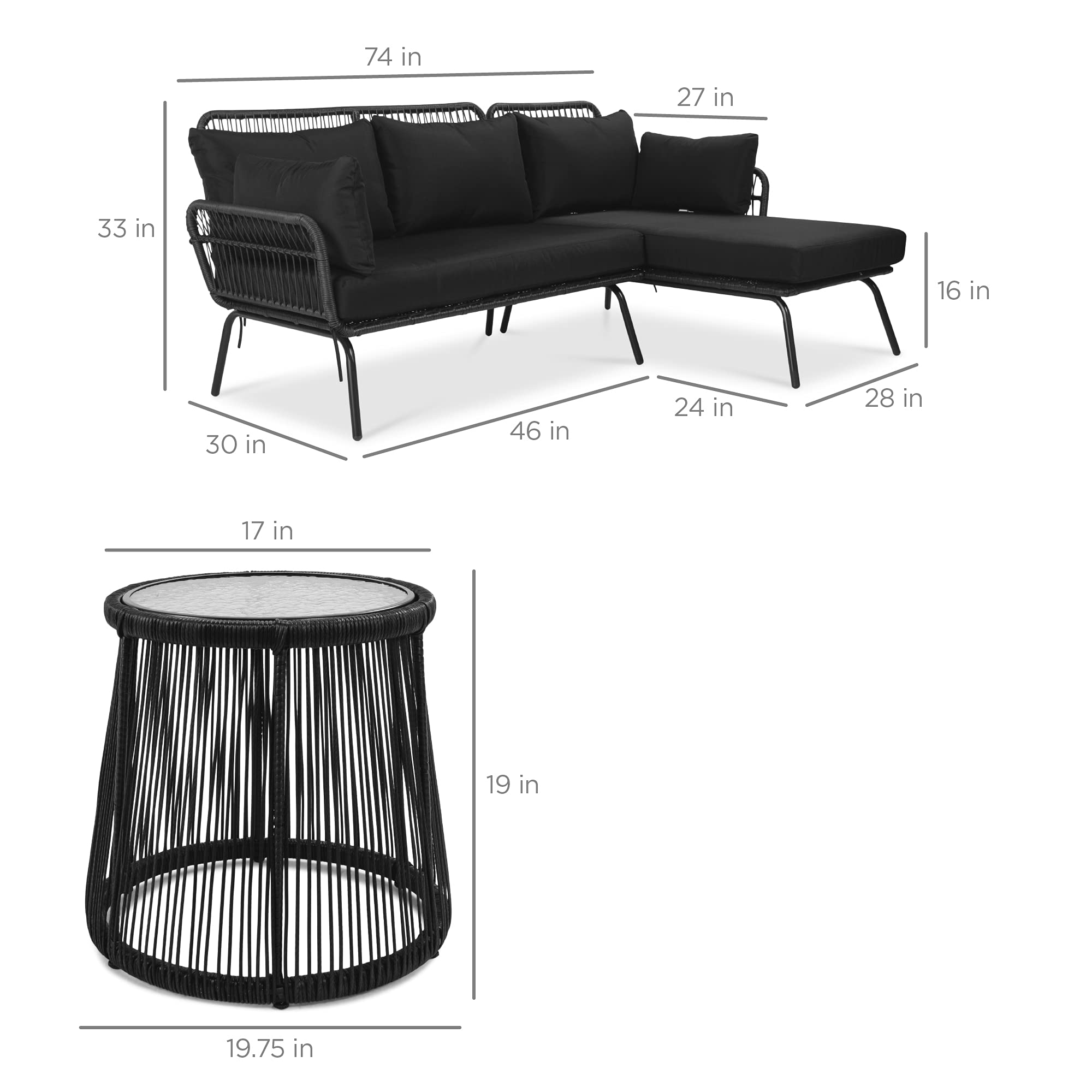 【Furniture】Outdoor Rope Woven Sectional Furniture L-Shaped Sofa Set w/Thick Cushions, Lounger, Side Table