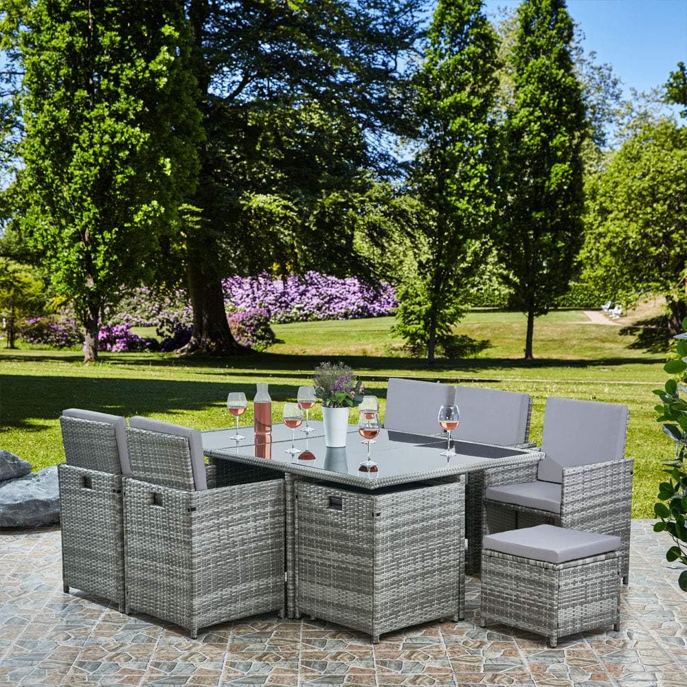 RayGar Deluxe 11 Piece 10 Seater Rattan Cube Dining Table Garden Furniture Patio Set (Grey/Black)