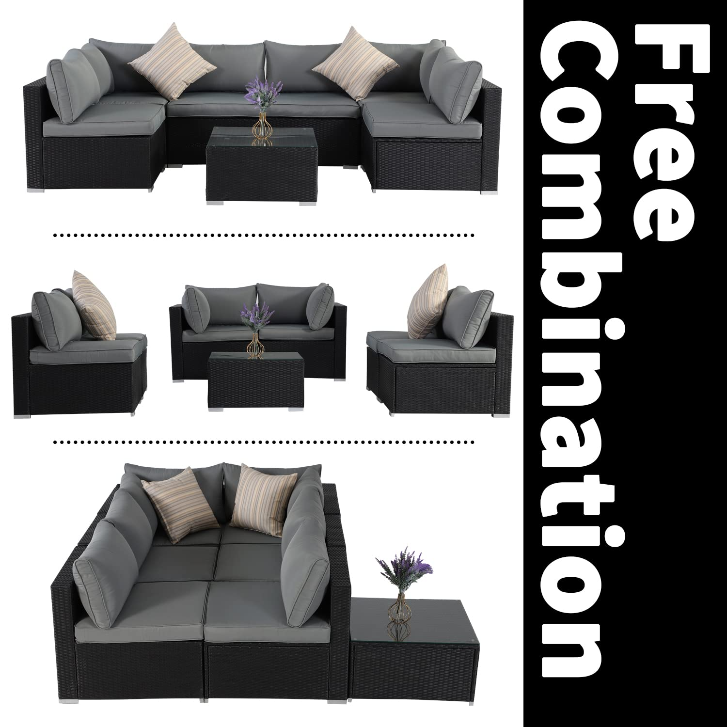 【Furniture】Outdoor Patio Furniture Set, 7 Pcs Patio Conversation Set Sectional Rattan Sofa Set