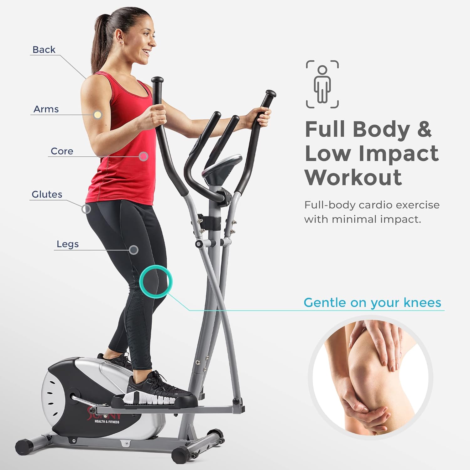 Sunny Health & Fitness Stepping Elliptical Cross Trainer, Total Body Cross Trainer w/LCD Monitor, Low Impact Exercise Equipment for Home and Optional Exclusive Advanced Style