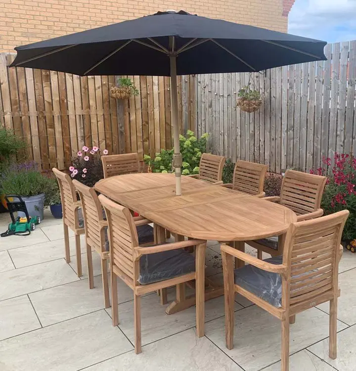 【Home&Garden】【BS】Teak Garden Furniture Set, Garden Table & 8 Chairs, Wooden Garden Furniture Set with Parasol