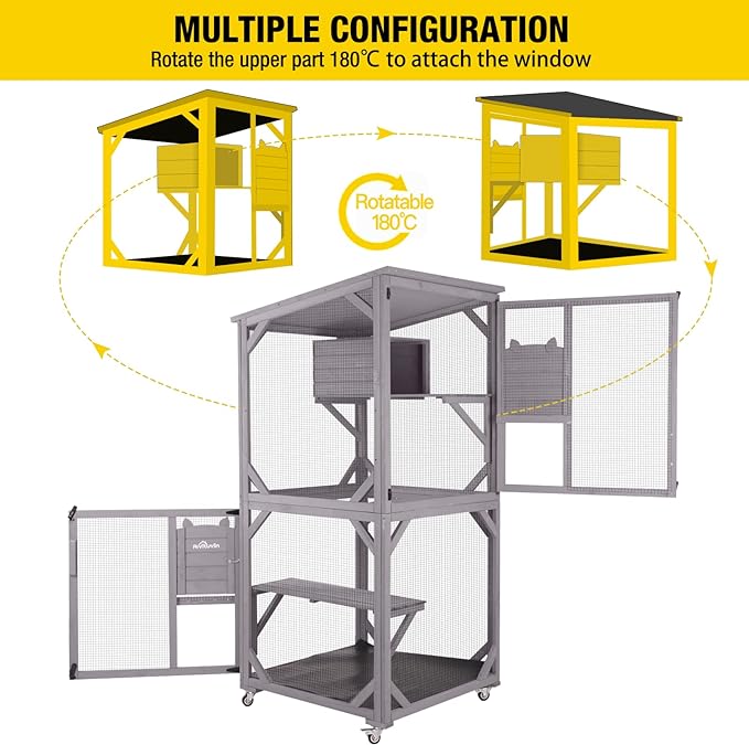 Aivituvin Cat Cage Wooden Indoor Outdoor Cat House Large Enclosure with Run on Wheels 70.9