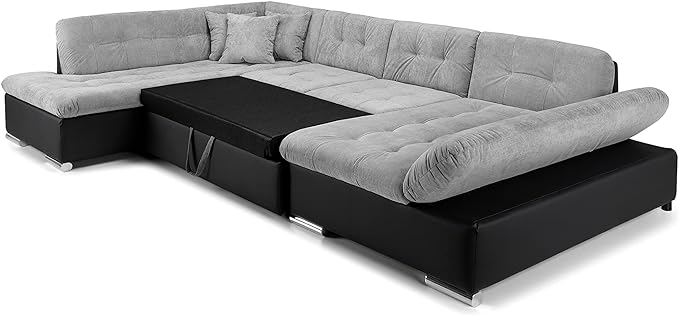 Honeypot Sofa Bed - Bergen Corner Sofabed with Storage - Black Grey Fabric Pull Out Double Sofa Bed U Shaped Couch | Set Up Included | Made in EU | Built to Last (Black/Grey, Left Hand Facing Corner)