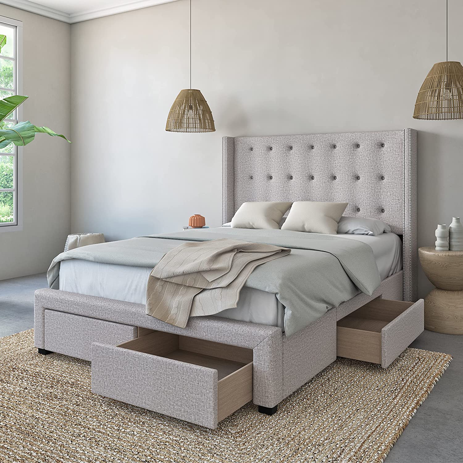 【Furniture】Savoy Tufted Upholstered Wingback Panel Storage Bed Frame, King Size in Grey Fabric