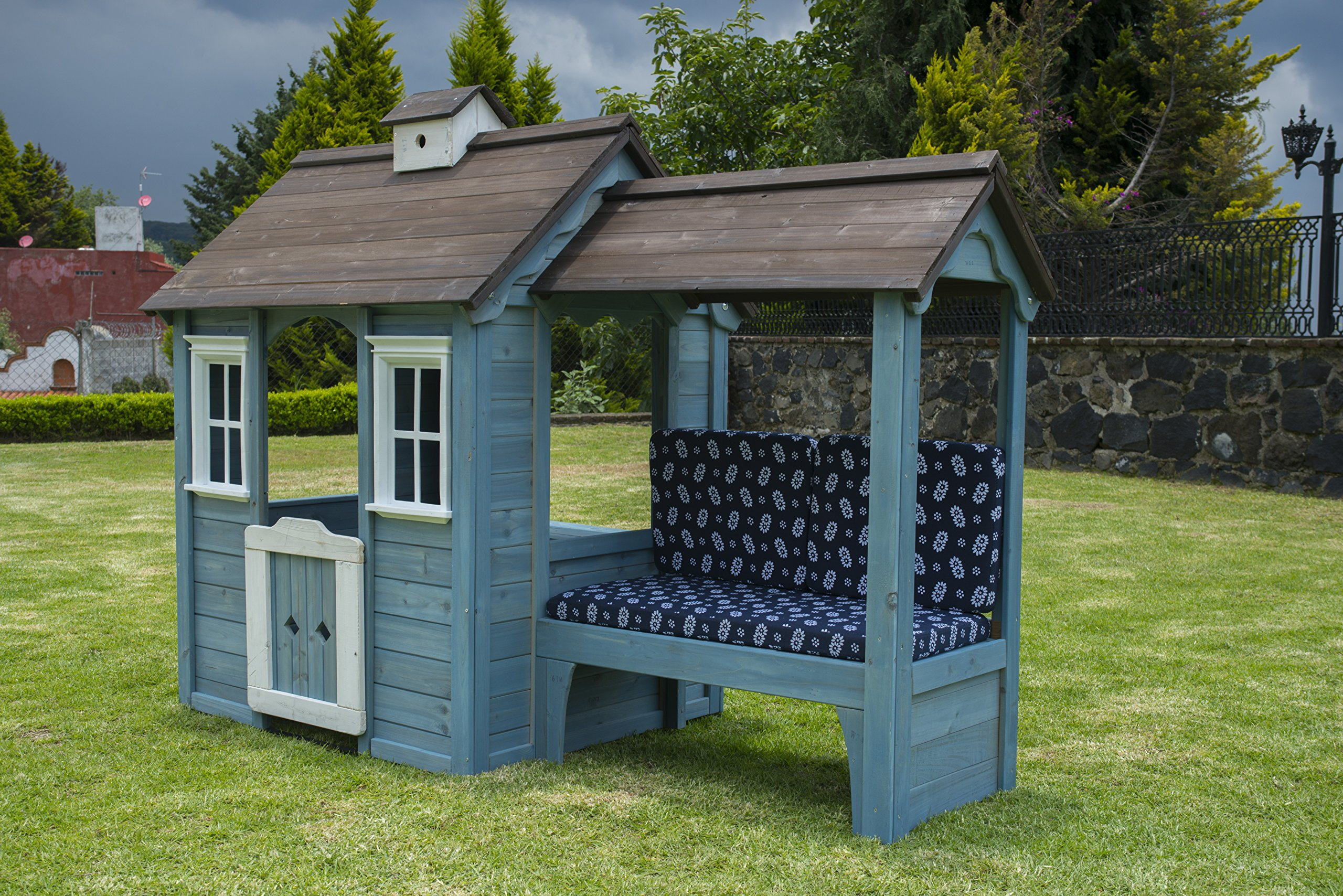【Sports&Outdoors】Wooden Outdoor Playhouse with Bench, Blue, 83.6