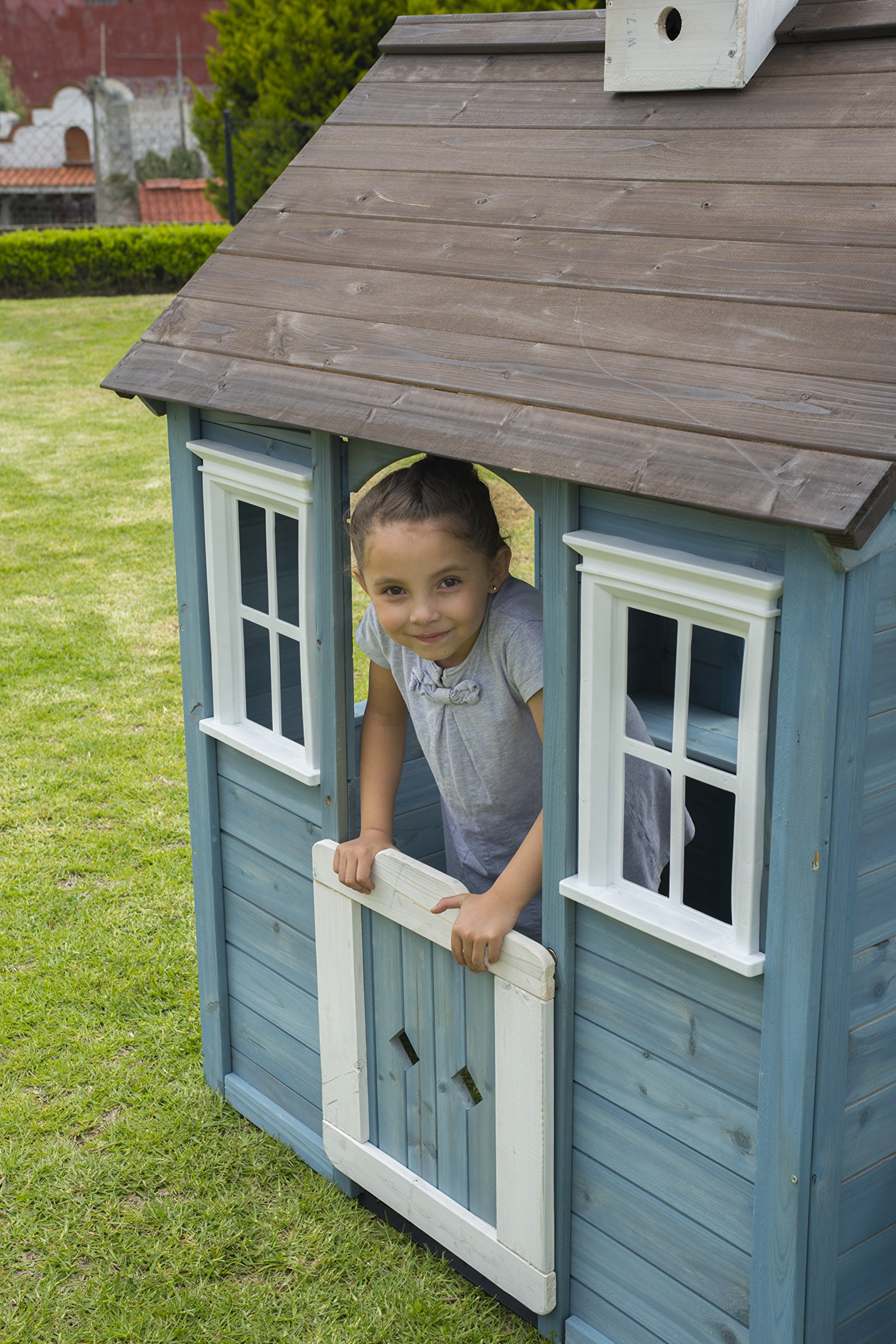 【Sports&Outdoors】Wooden Outdoor Playhouse with Bench, Blue, 83.6