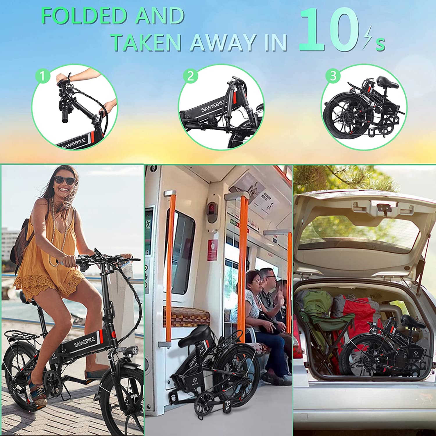 【Sports&Outdoors】750W Folding Electric Bike for Adults 20×4.0 All Terrain Fat Tires Mountain Beach Snow Electric Bicycles