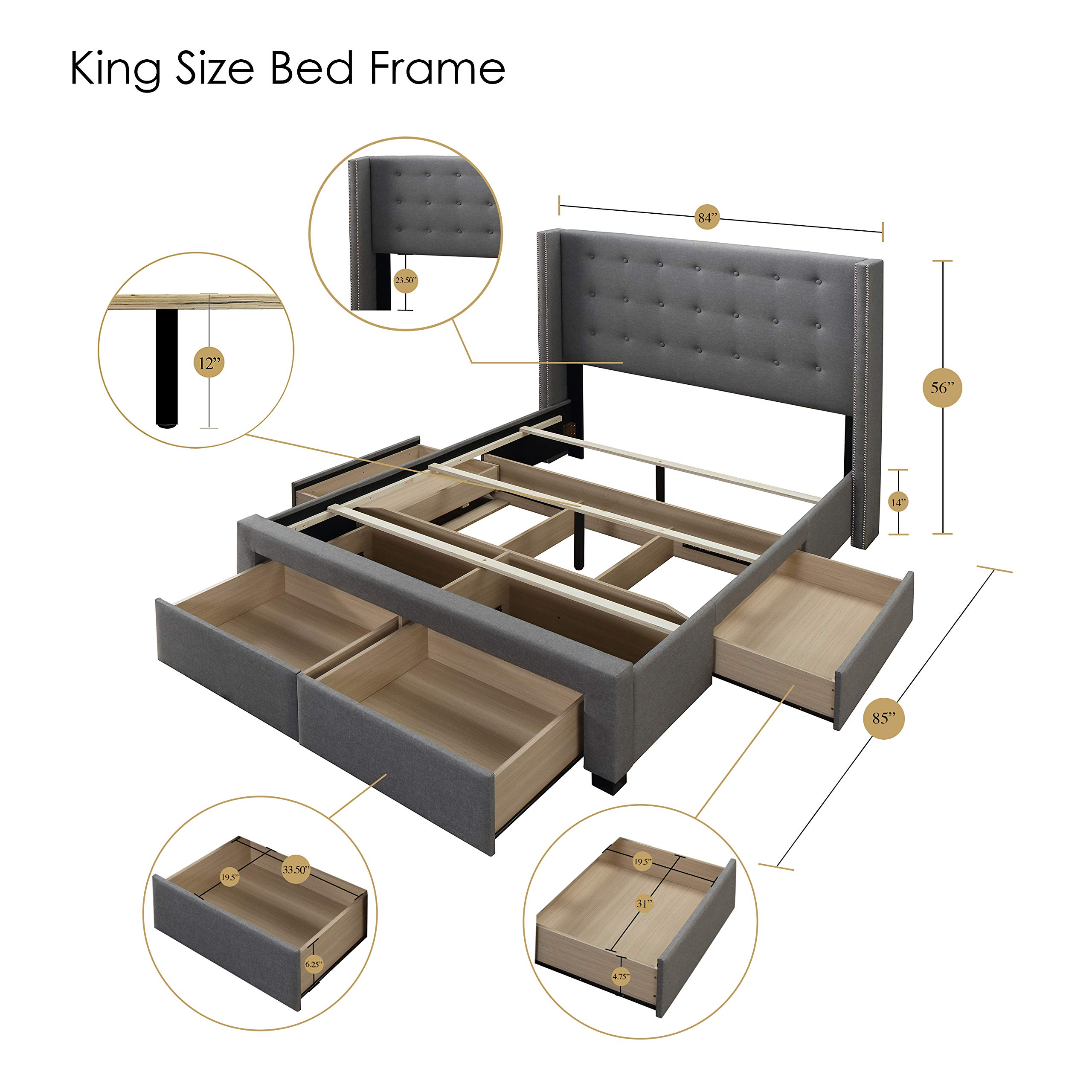 【Furniture】Savoy Tufted Upholstered Wingback Panel Storage Bed Frame, King Size in Grey Fabric
