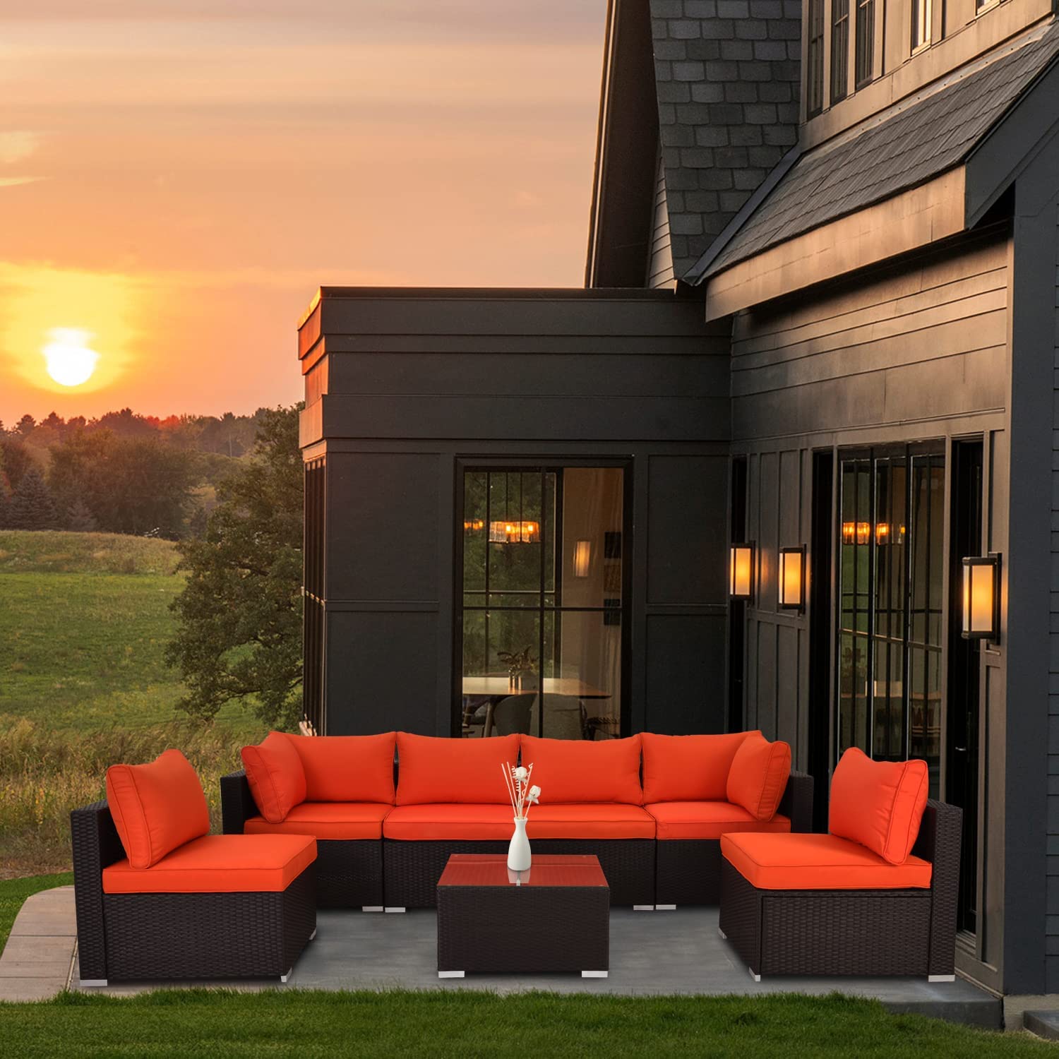 【Furniture】Outdoor Patio Furniture Set, 7 Pcs Patio Conversation Set Sectional Rattan Sofa Set