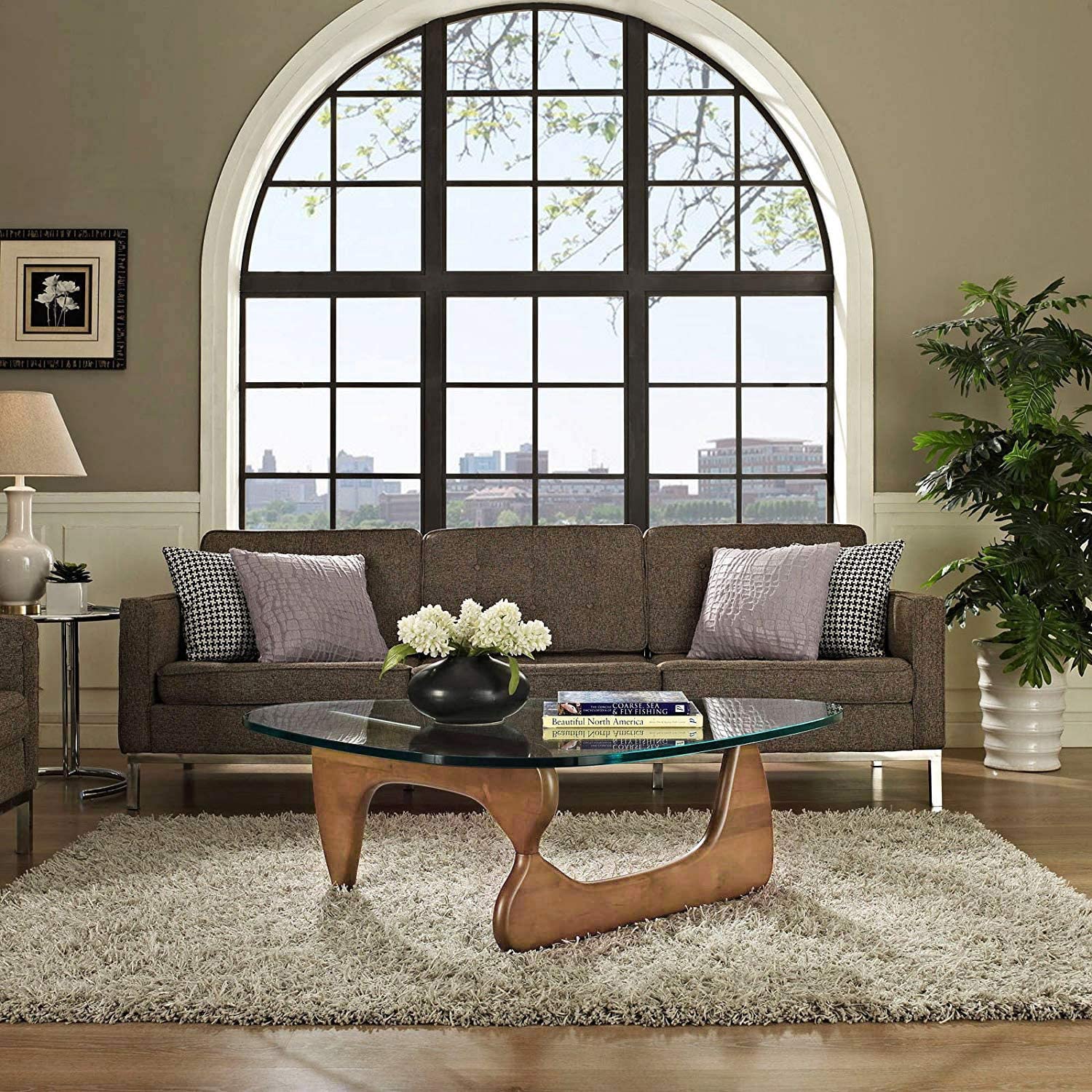 【Furniture】Noguchi Table Triangle Glass Coffee Table Vintage Glass End Table, Solid Wood Base & Glass Top