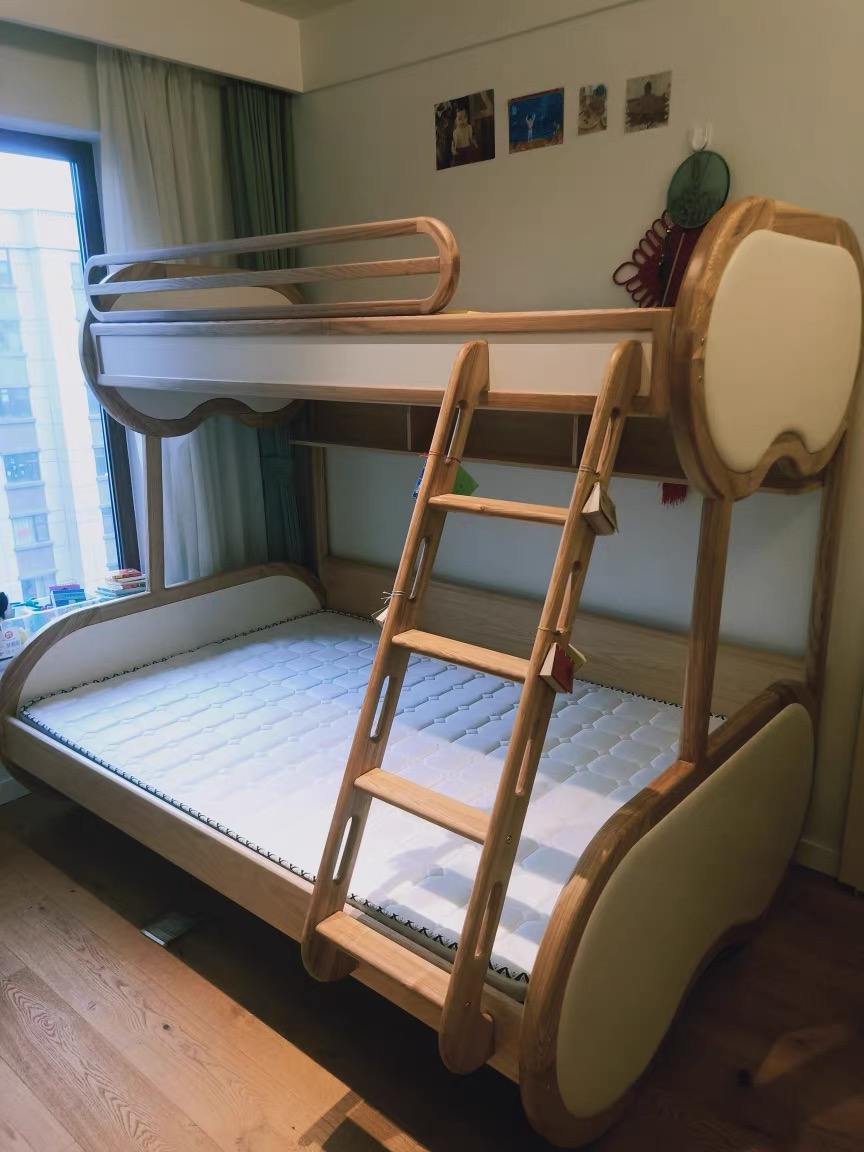 YouSheng all solid wood high and low bed under the mother bed white waxed wood upholstered beds