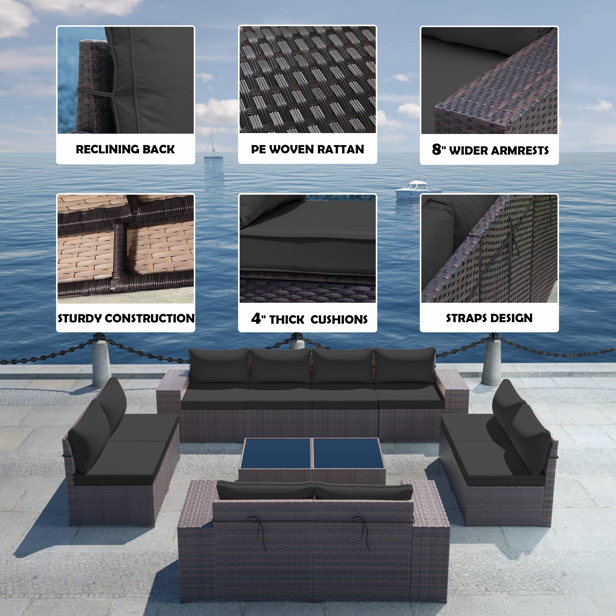 【Furniture】Outdoor Patio Furniture Sets 12-Pc Patio Sectional Furniture with Table & 10 Thickened Cushions