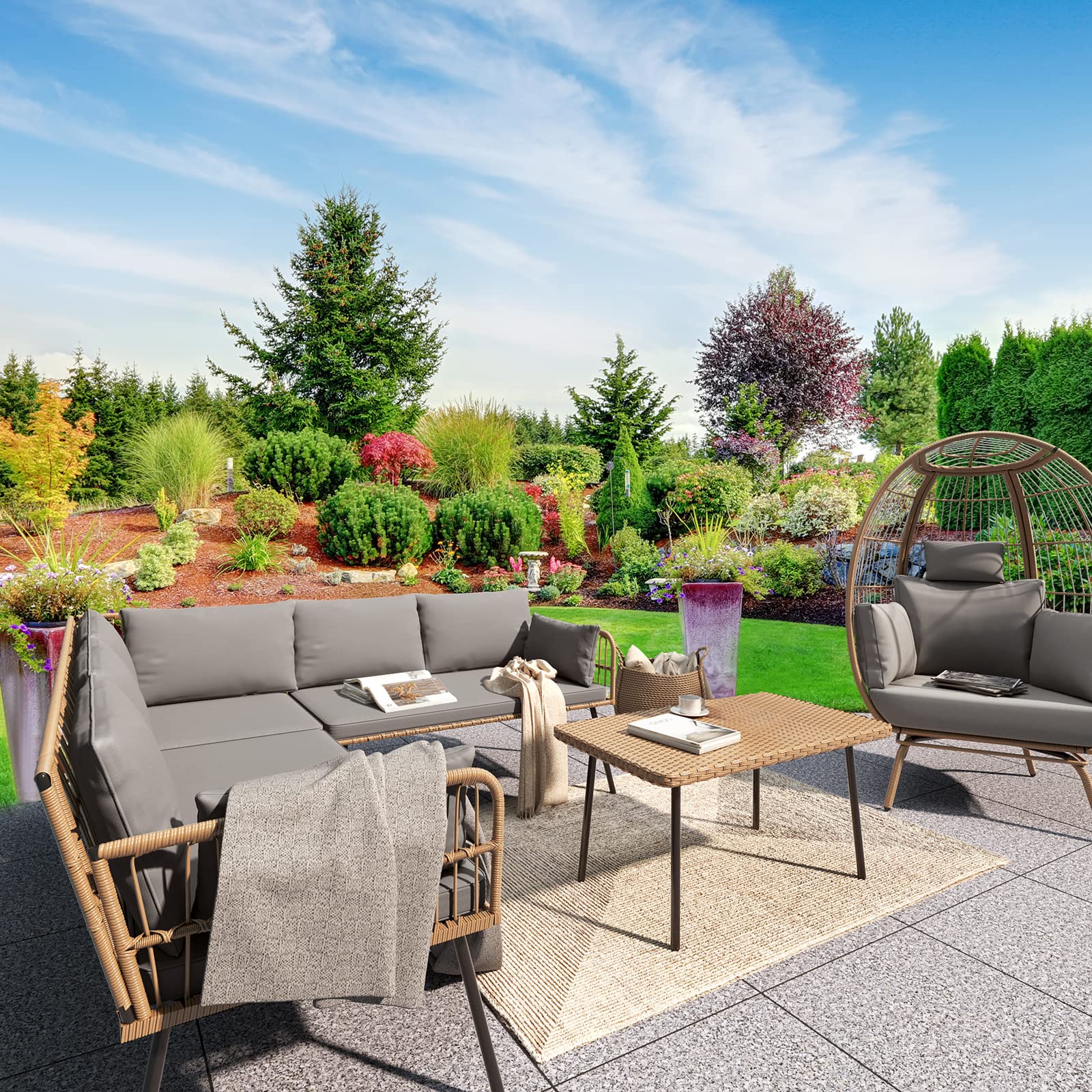 【Furniture】4 Pieces Patio Furniture Set, Wicker Balcony Bistro Set, Outdoor All-Weather Rattan Conversation Set