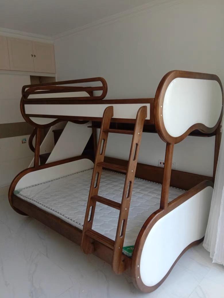 YouSheng all solid wood high and low bed under the mother bed white waxed wood upholstered beds