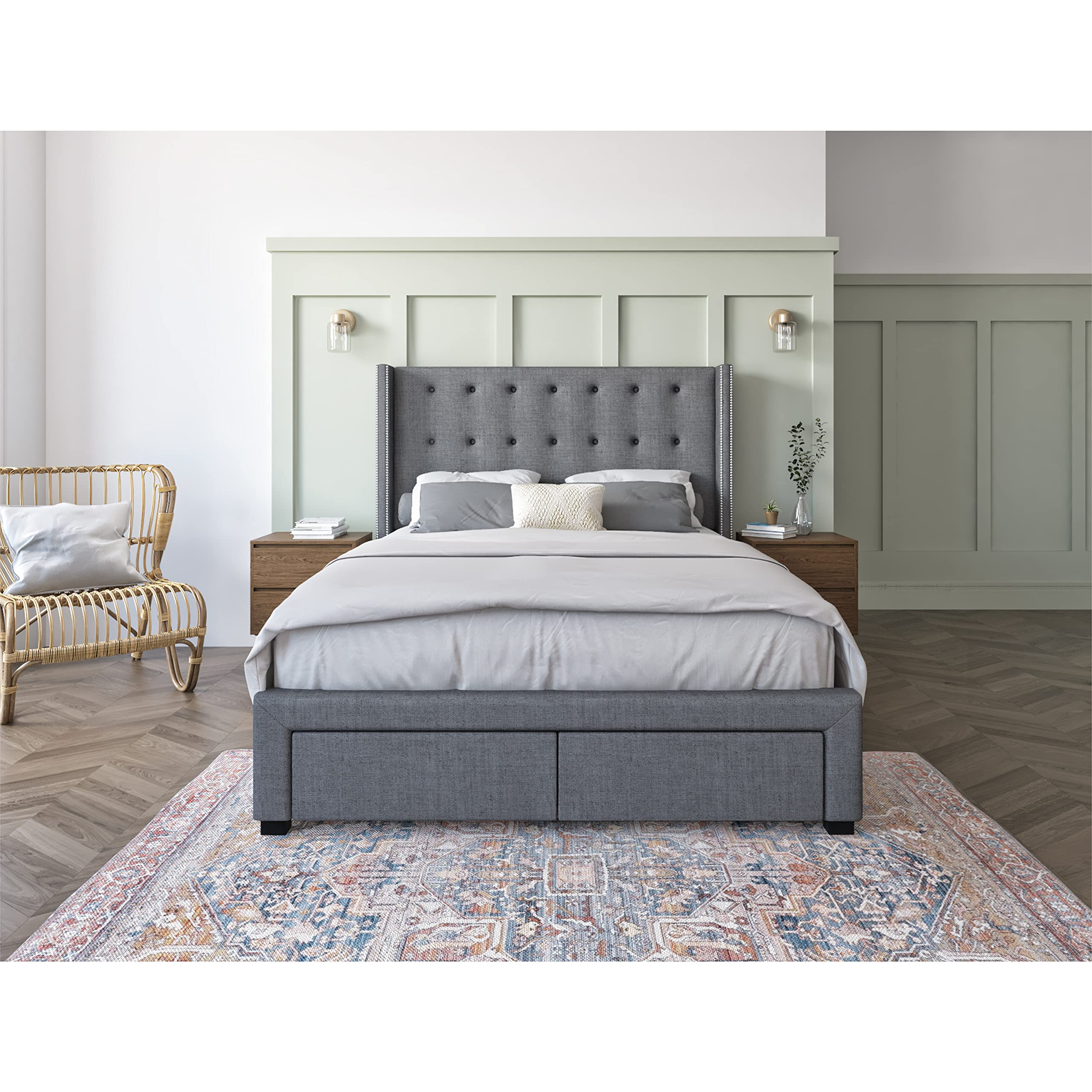 【Furniture】Savoy Tufted Upholstered Wingback Panel Storage Bed Frame, King Size in Grey Fabric