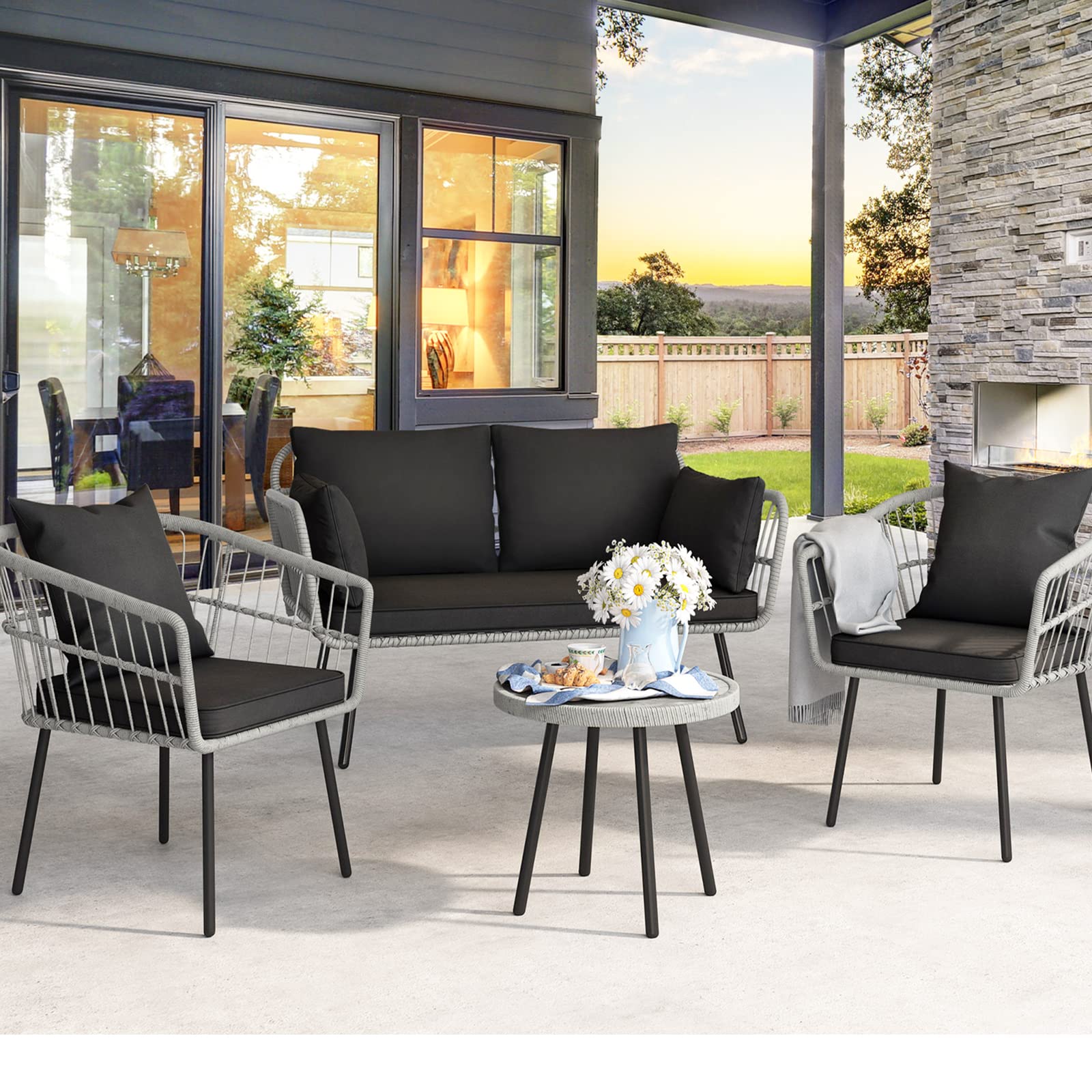 【Furniture】4 Pieces Patio Furniture Set, Wicker Balcony Bistro Set, Outdoor All-Weather Rattan Conversation Set
